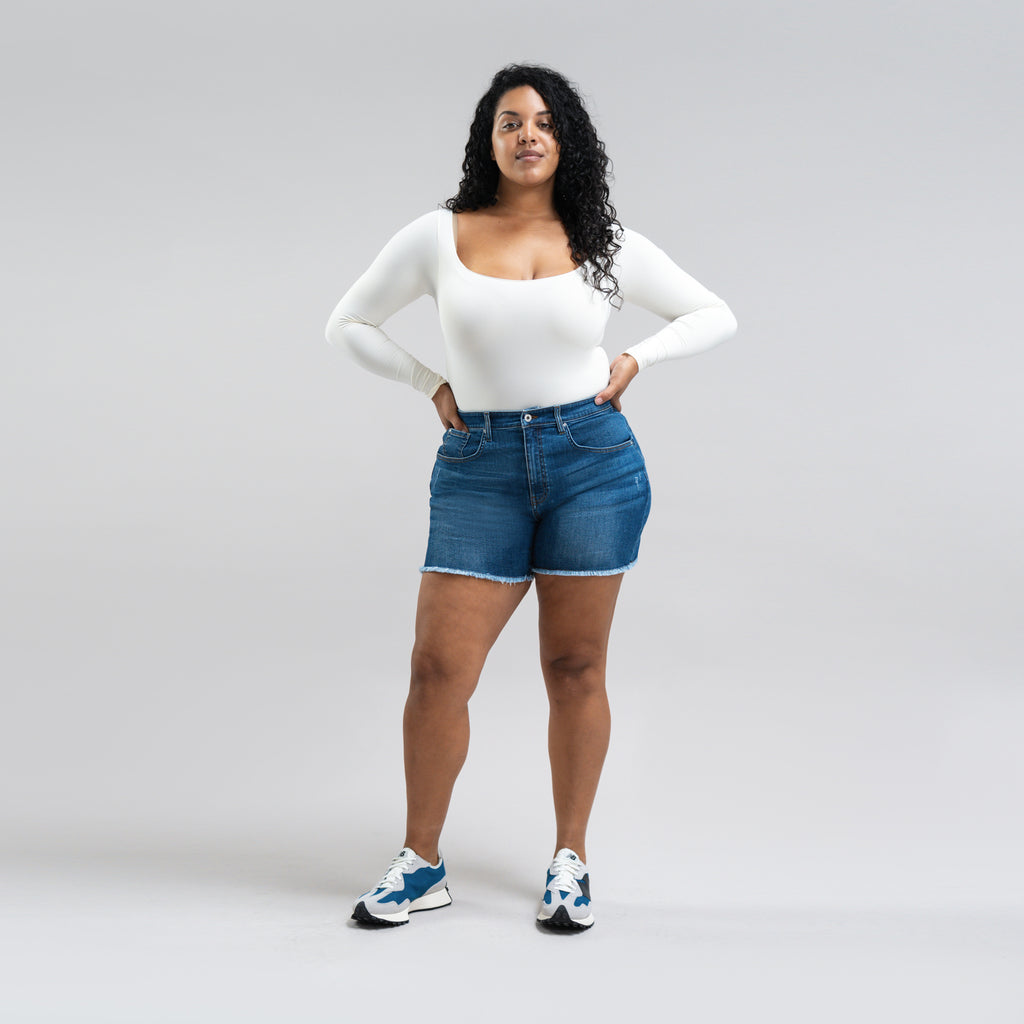 Custom jean denim shorts fit weekender model Drew in Sur Blue