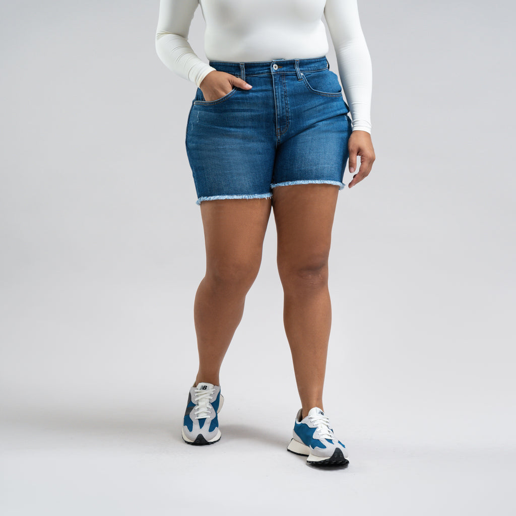 Custom jean denim shorts fit weekender model Drew in Sur Blue