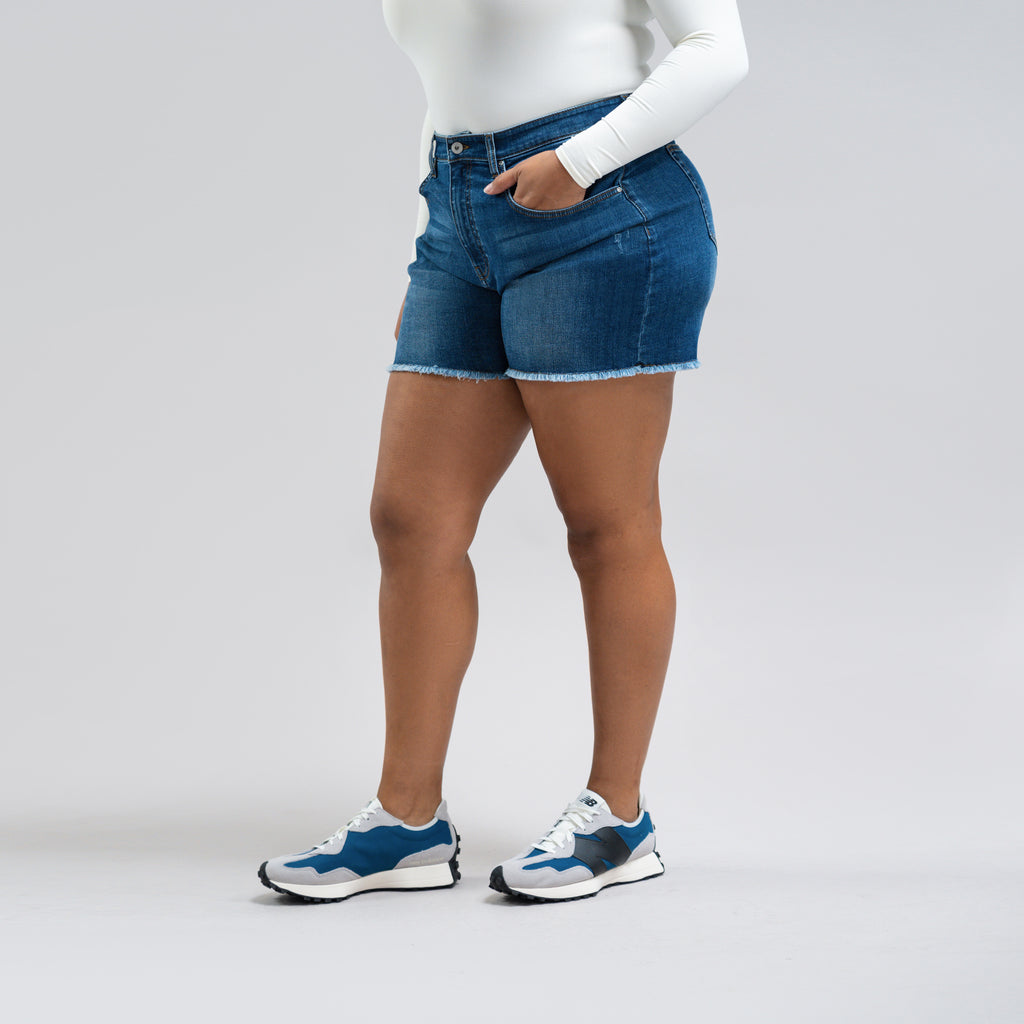 Custom jean denim shorts fit weekender model Drew in Sur Blue