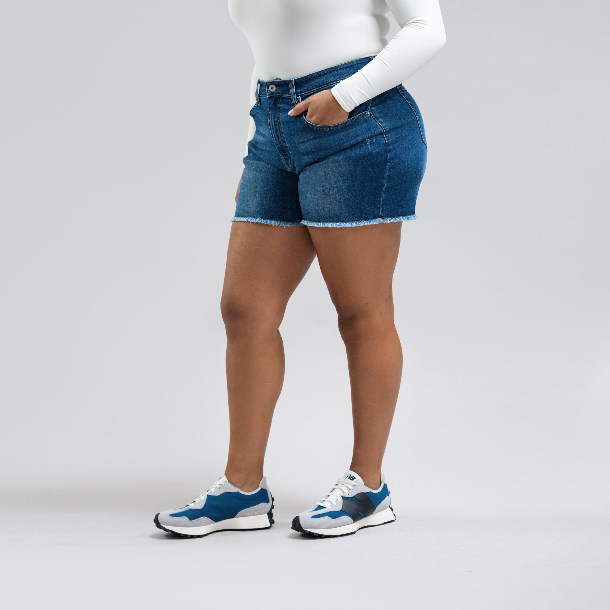 Custom jean denim shorts fit weekender model Drew in Sur Blue