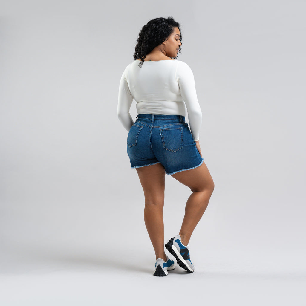 Custom jean denim shorts fit weekender model Drew in Sur Blue