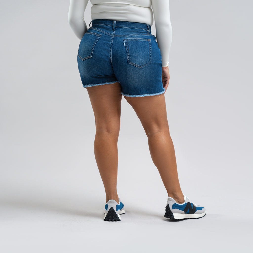 Custom jean denim shorts fit weekender model Drew in Sur Blue