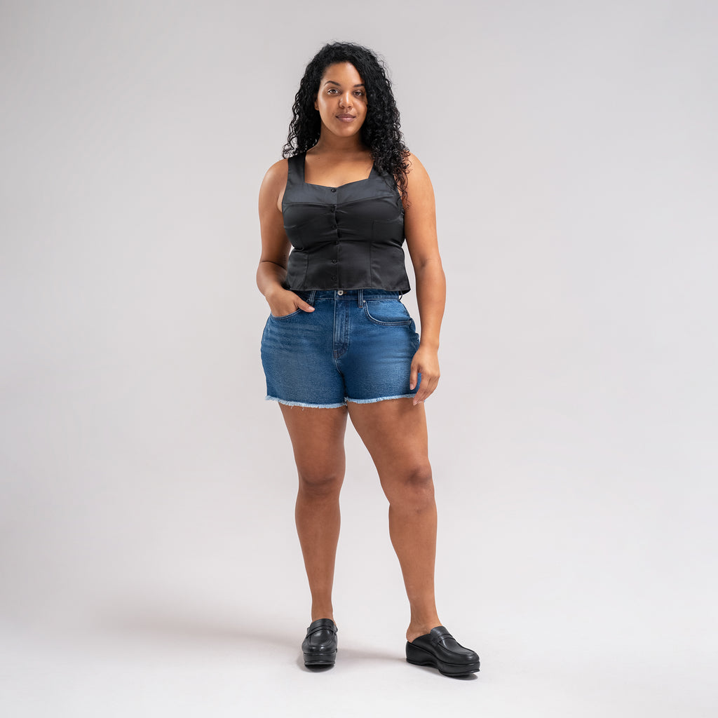 True vintage denim jean shorts custom sizeless model Drew in Faded Sur