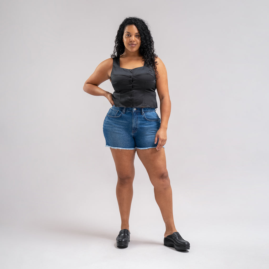 True vintage denim jean shorts custom sizeless model Drew in Faded Sur