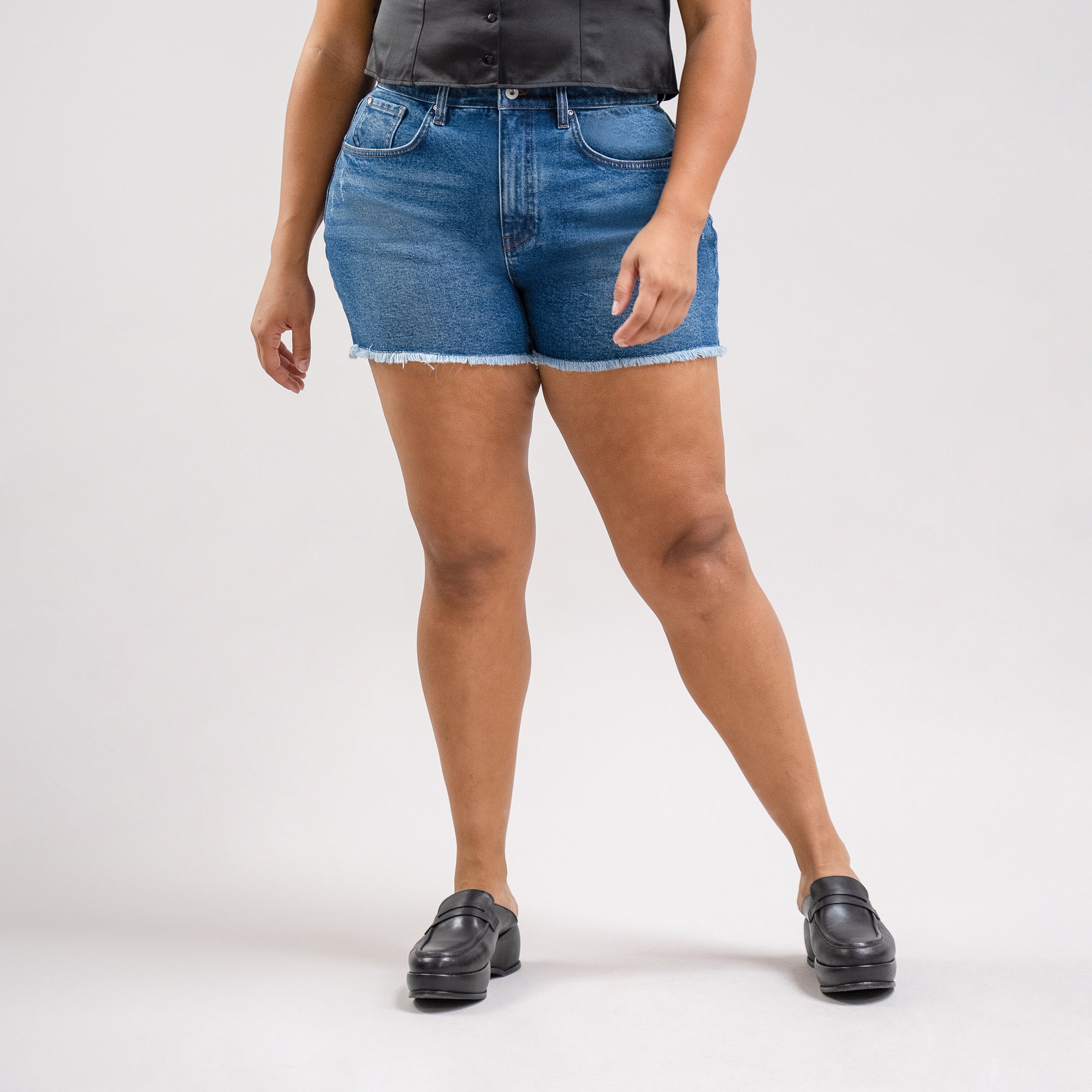 True vintage denim jean shorts custom sizeless model Drew in Faded Sur