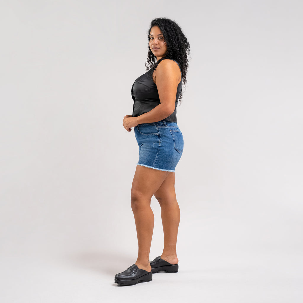 True vintage denim jean shorts custom sizeless model Drew in Faded Sur