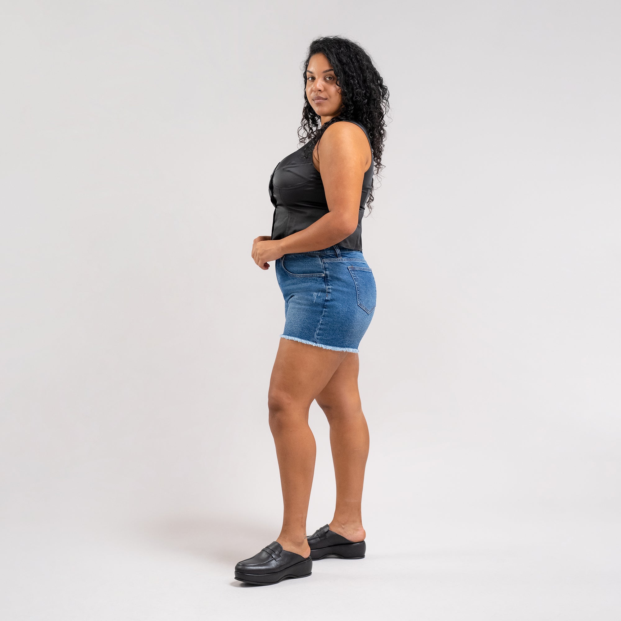 True vintage denim jean shorts custom sizeless model Drew in Faded Sur