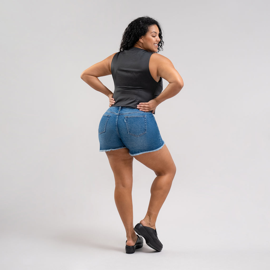 True vintage denim jean shorts custom sizeless model Drew in Faded Sur