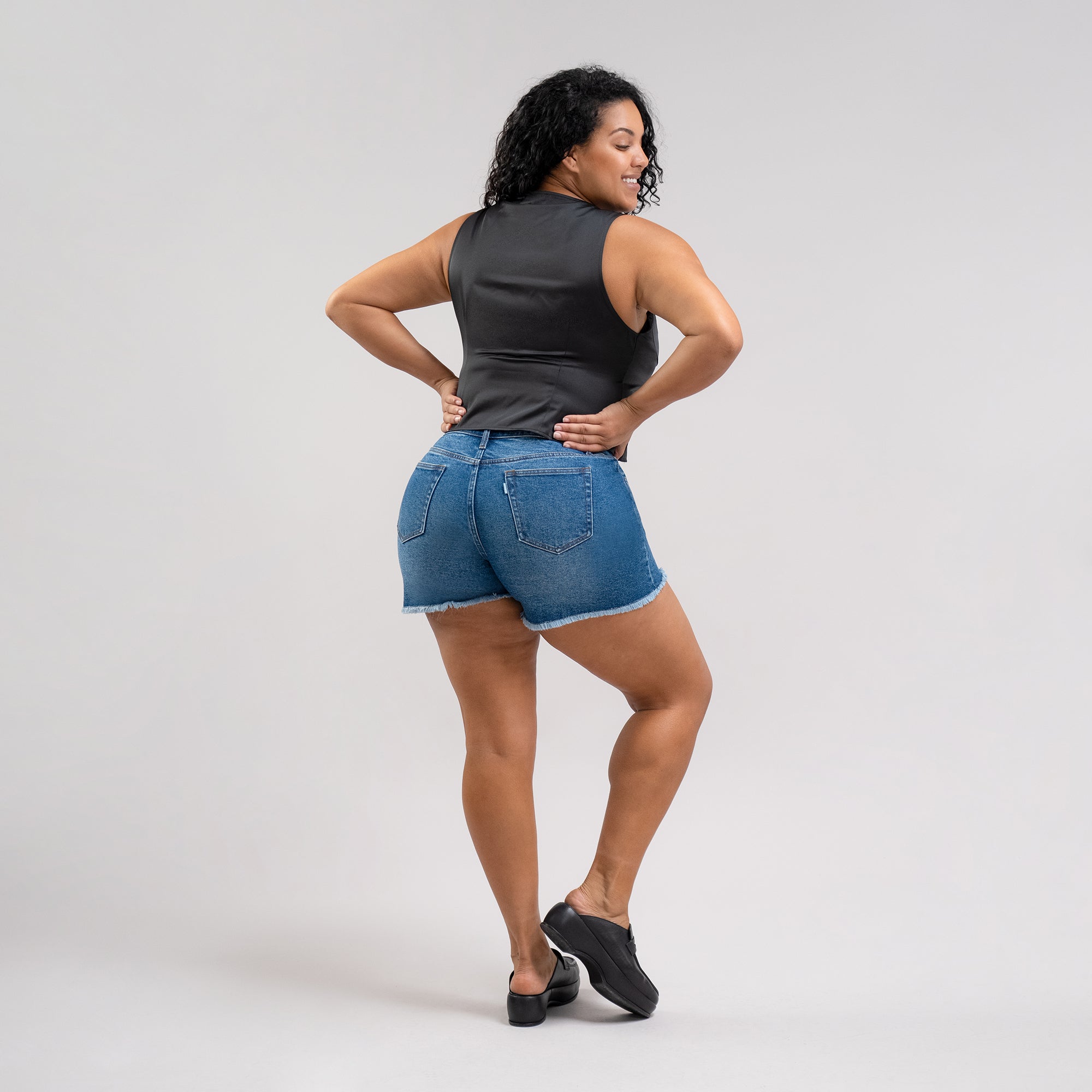 True vintage denim jean shorts custom sizeless model Drew in Faded Sur