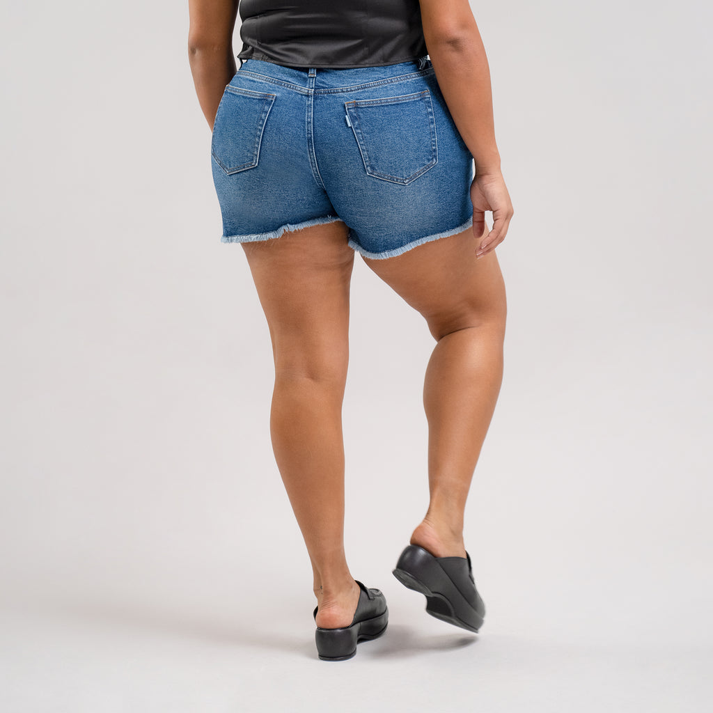 True vintage denim jean shorts custom sizeless model Drew in Faded Sur