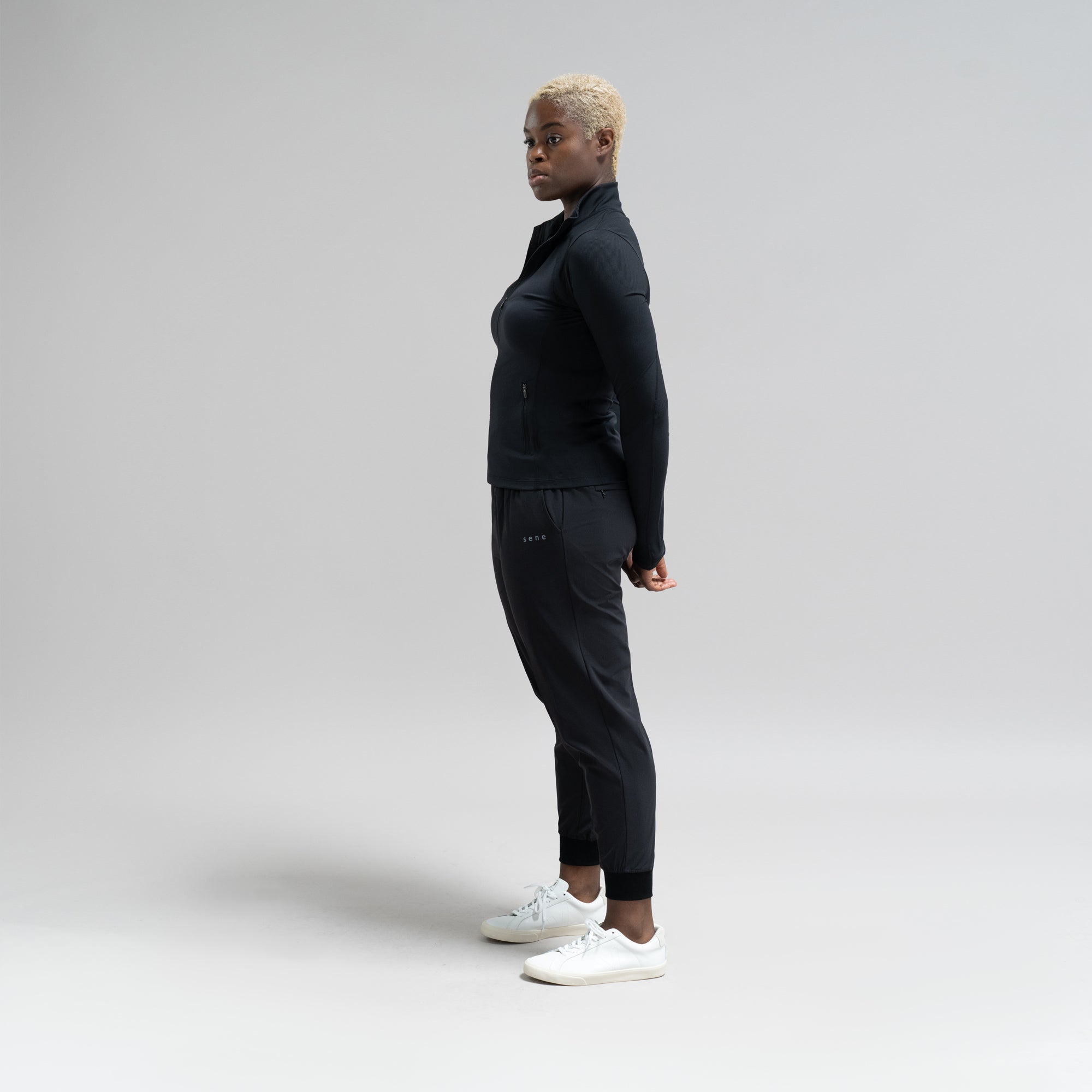 custom bespoke athleisure drawstring jogger model Amara in Black