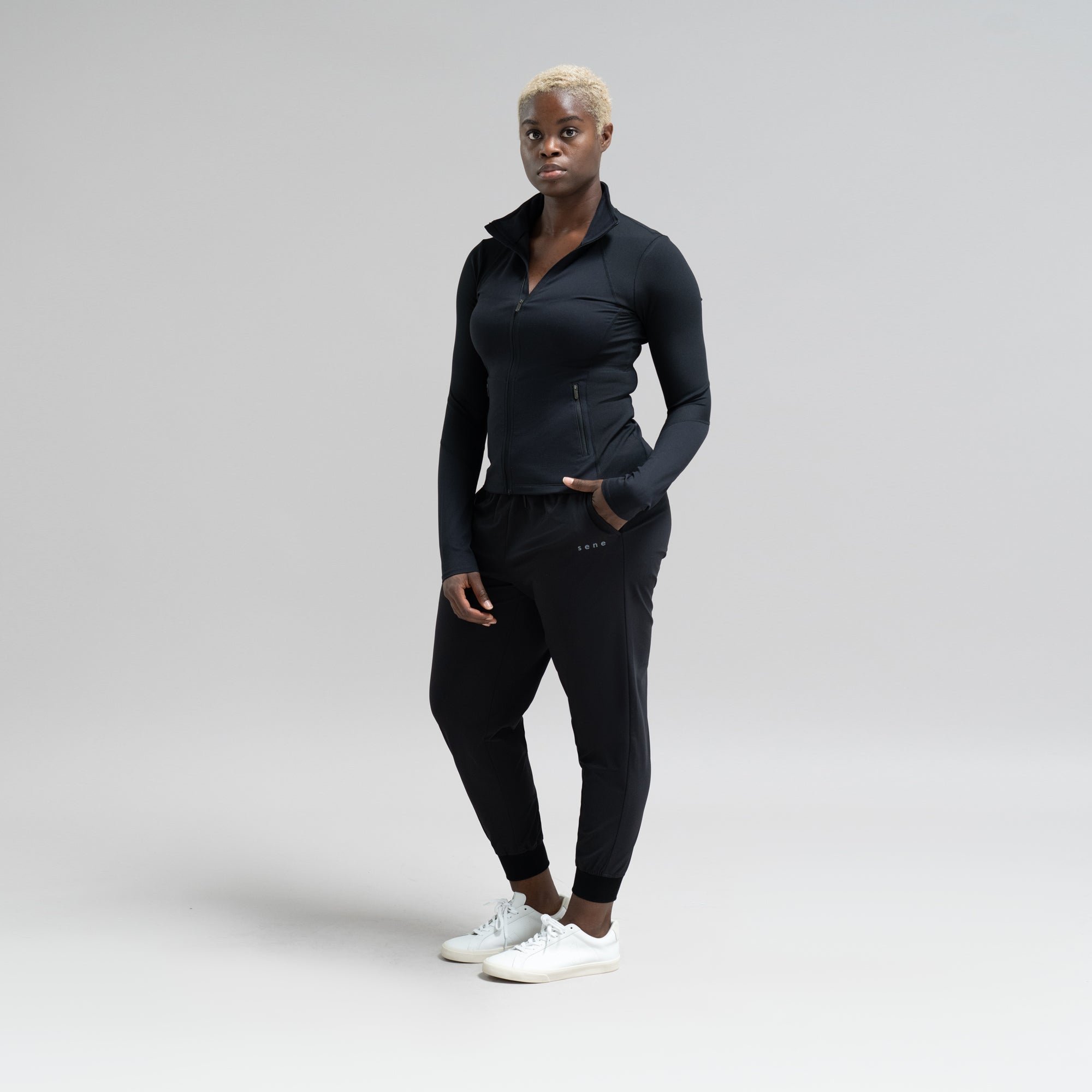 custom bespoke athleisure drawstring jogger model Amara in Black