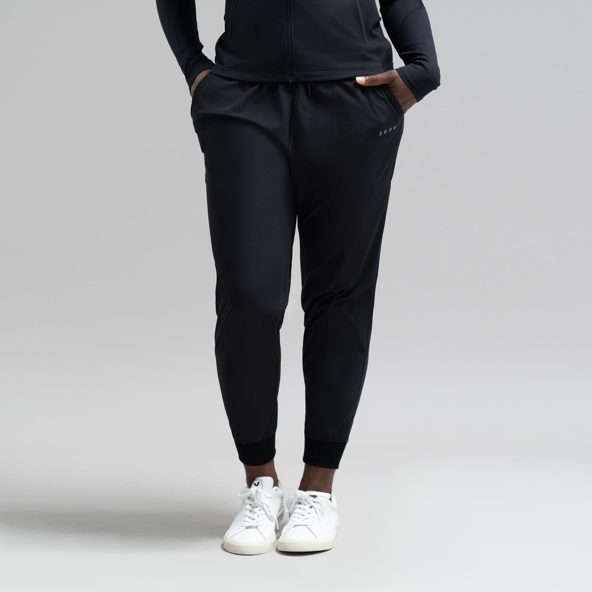 custom bespoke athleisure drawstring jogger model Amara in Black