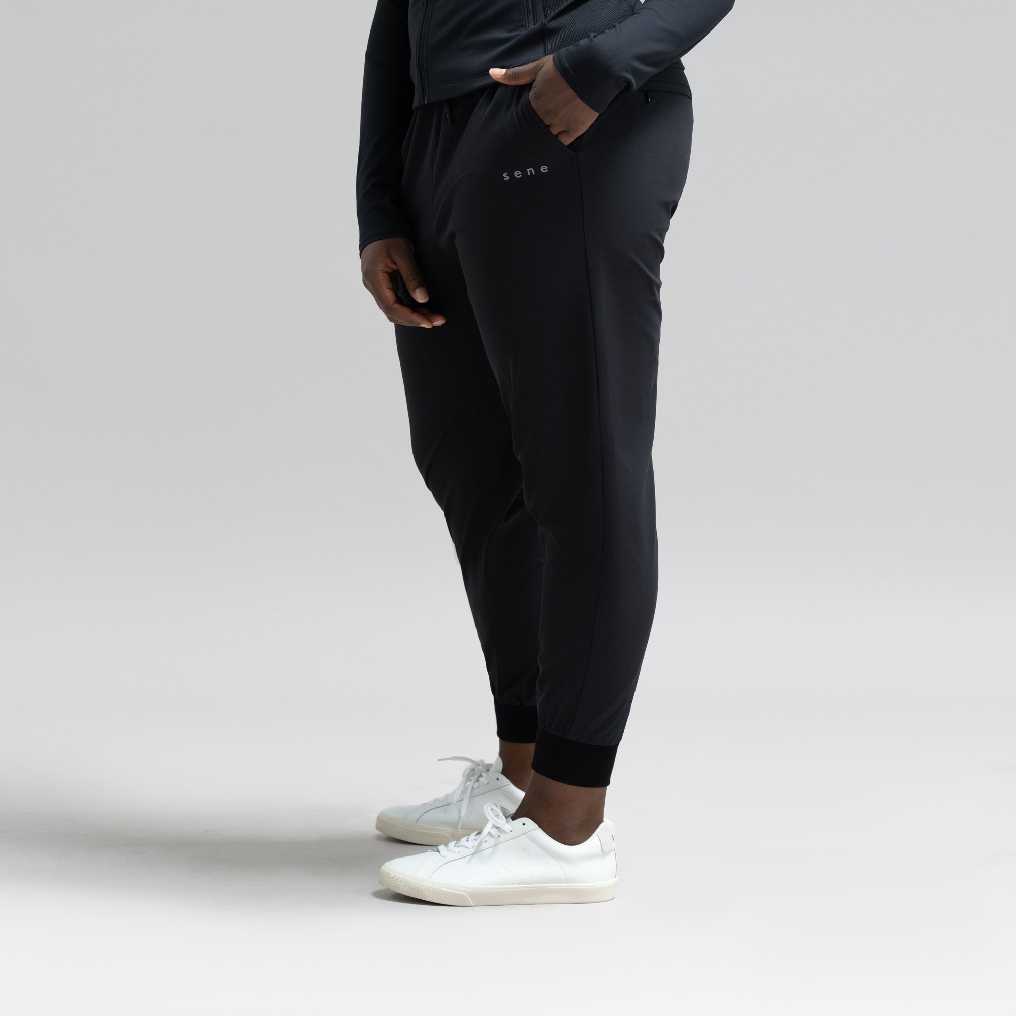 custom bespoke athleisure drawstring jogger model Amara in Black