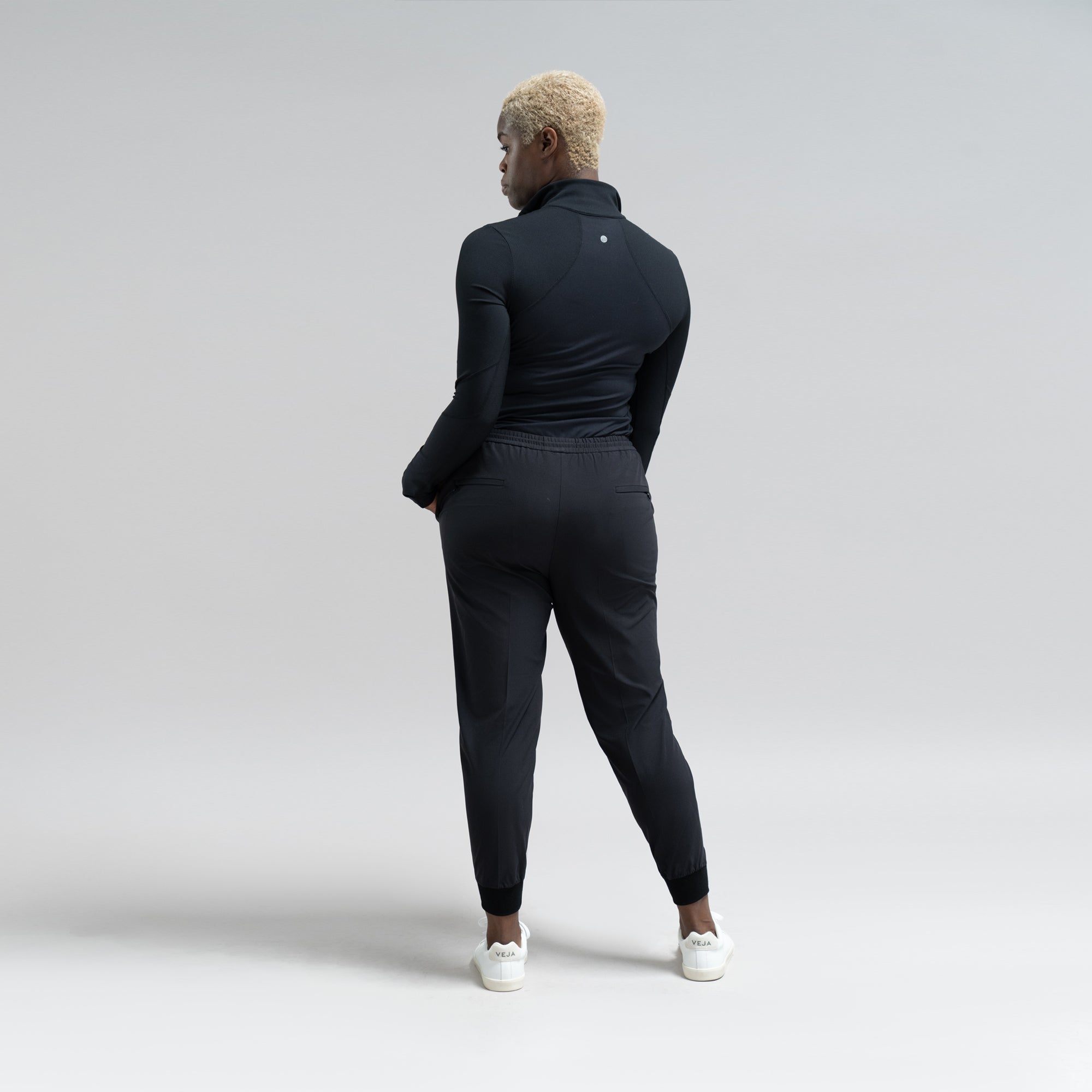 custom bespoke athleisure drawstring jogger model Amara in Black