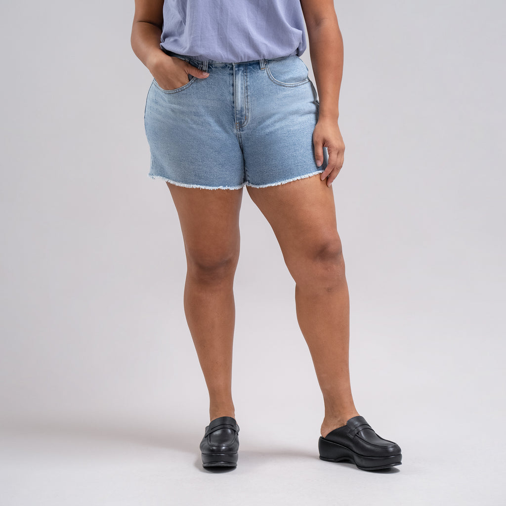 True vintage denim jean shorts custom sizeless model Drew in Vintage Gin