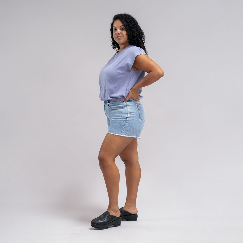 True vintage denim jean shorts custom sizeless model Drew in Vintage Gin