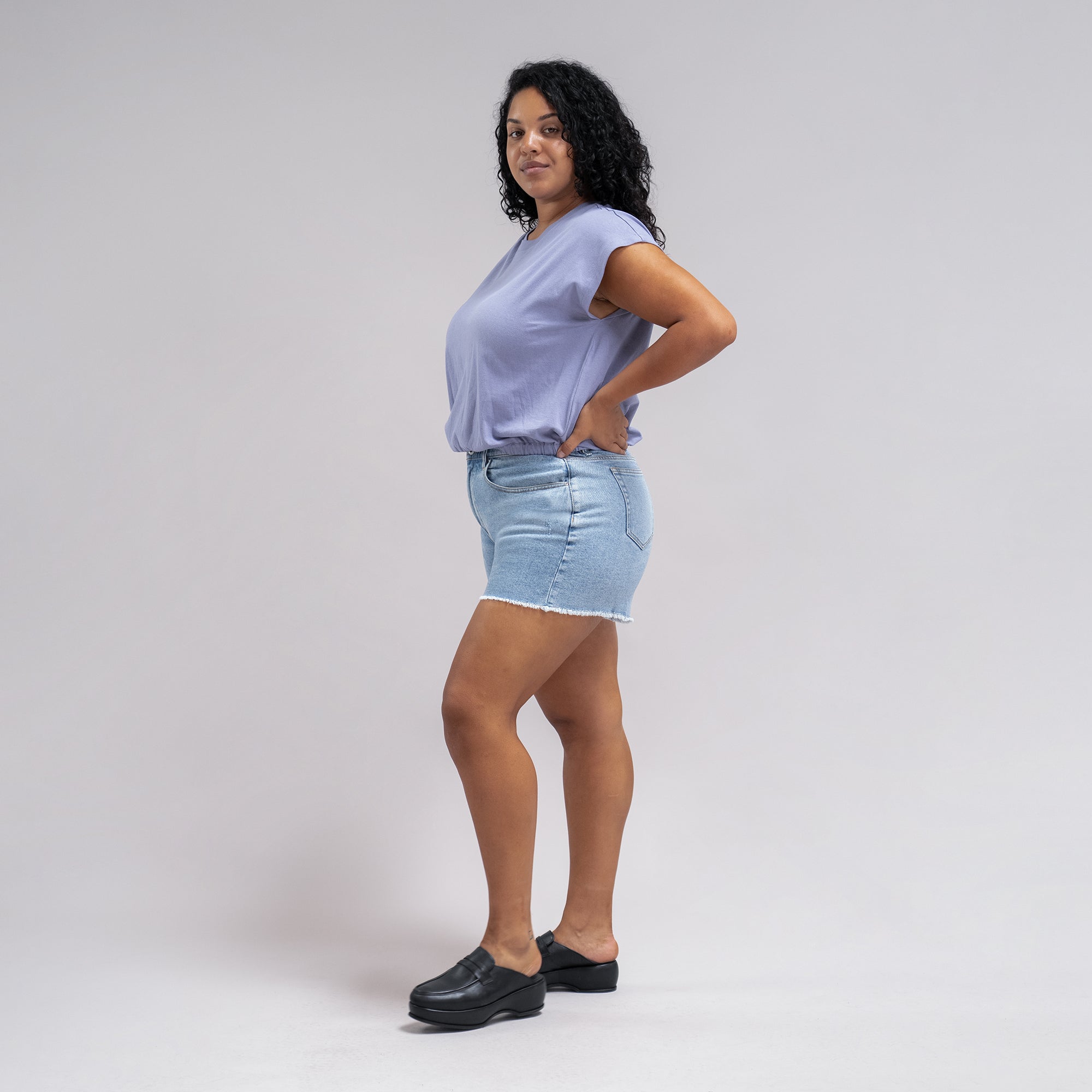 True vintage denim jean shorts custom sizeless model Drew in Vintage Gin