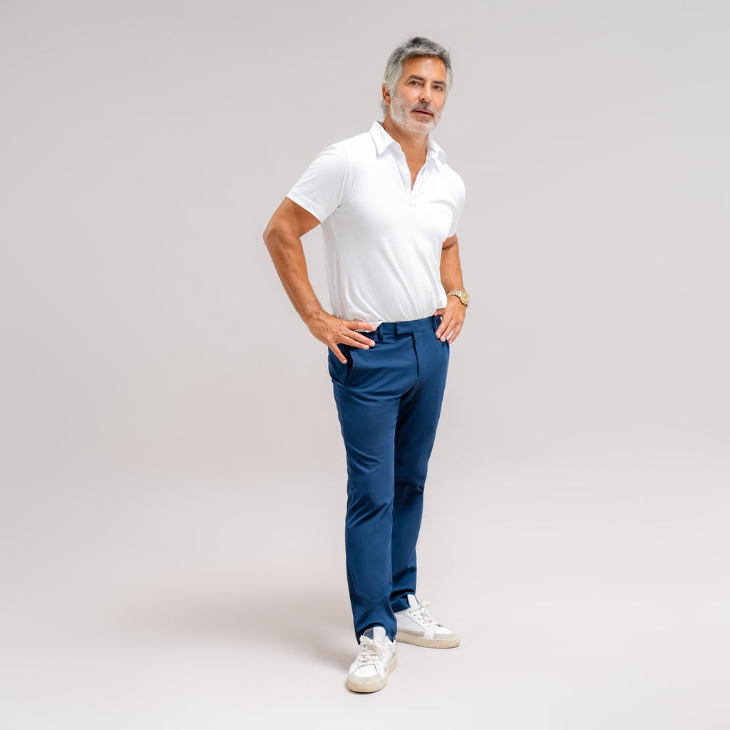 bespoke custom trousers pant chino performance technical model Guillermo in Italian Blue