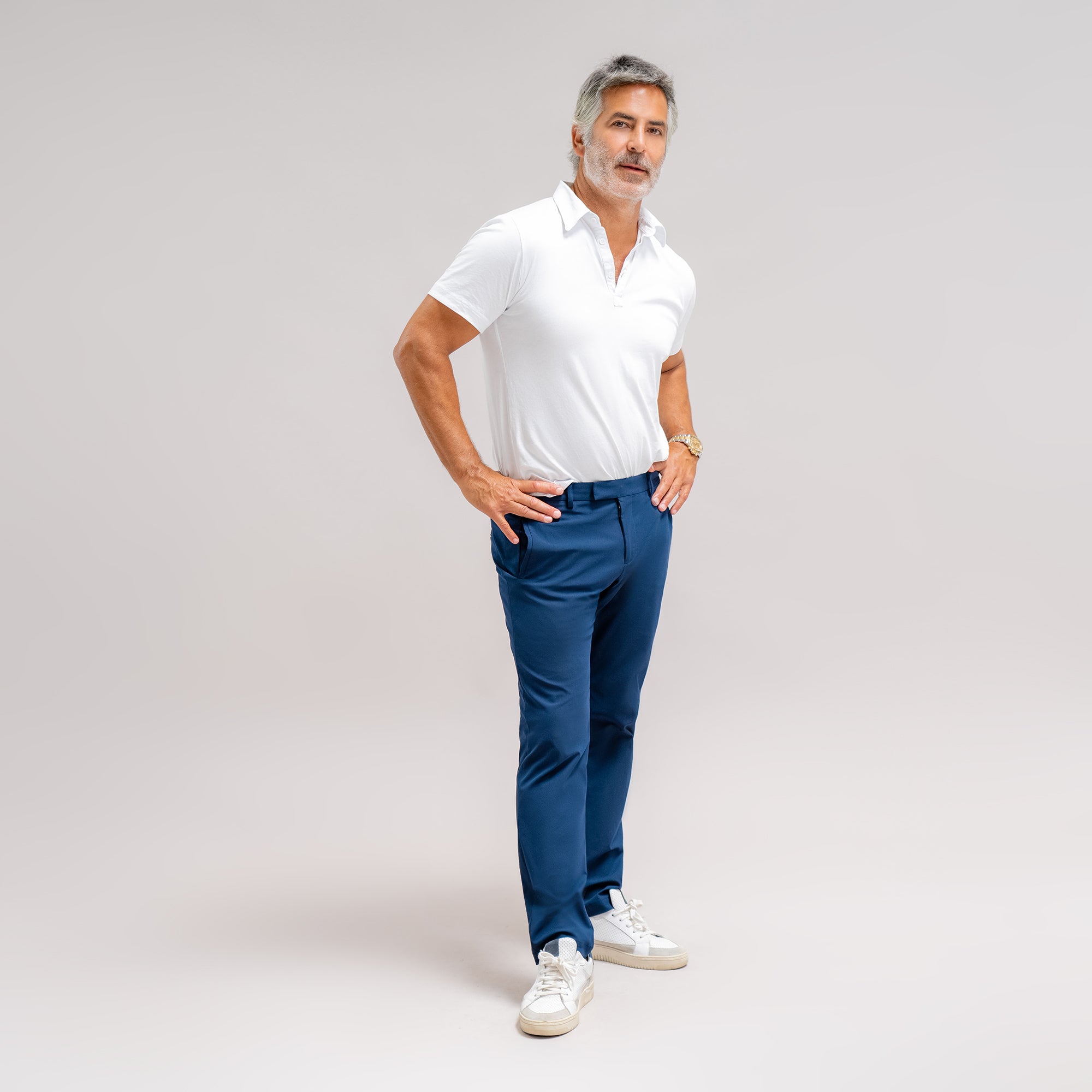 bespoke custom trousers pant chino performance technical model Guillermo in Italian Blue