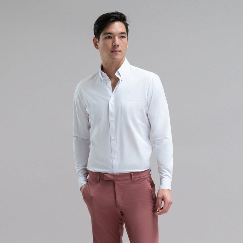 Custom Bespoke Tailored Mercer Shirt model Jesse in White BreezeTech