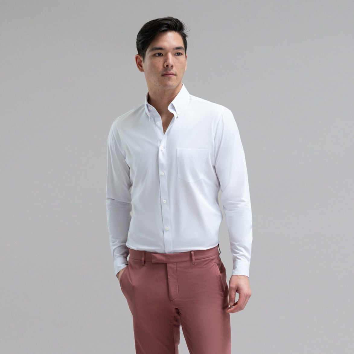 Custom Bespoke Tailored Mercer Shirt model Jesse in White BreezeTech