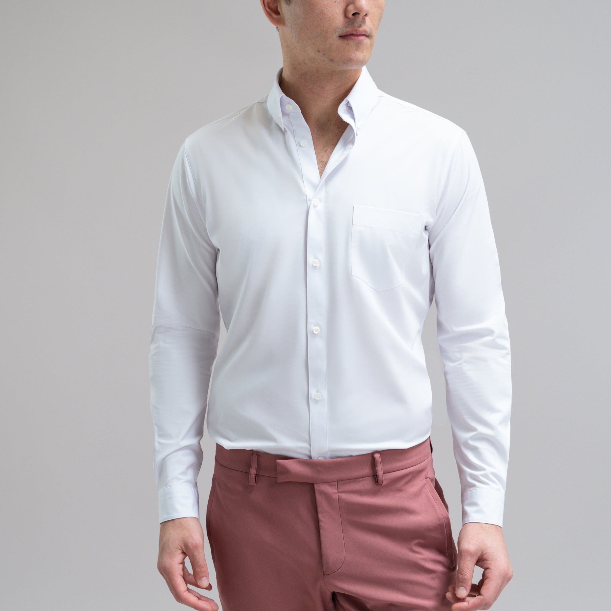 Custom Bespoke Tailored Mercer Shirt model Jesse in White BreezeTech