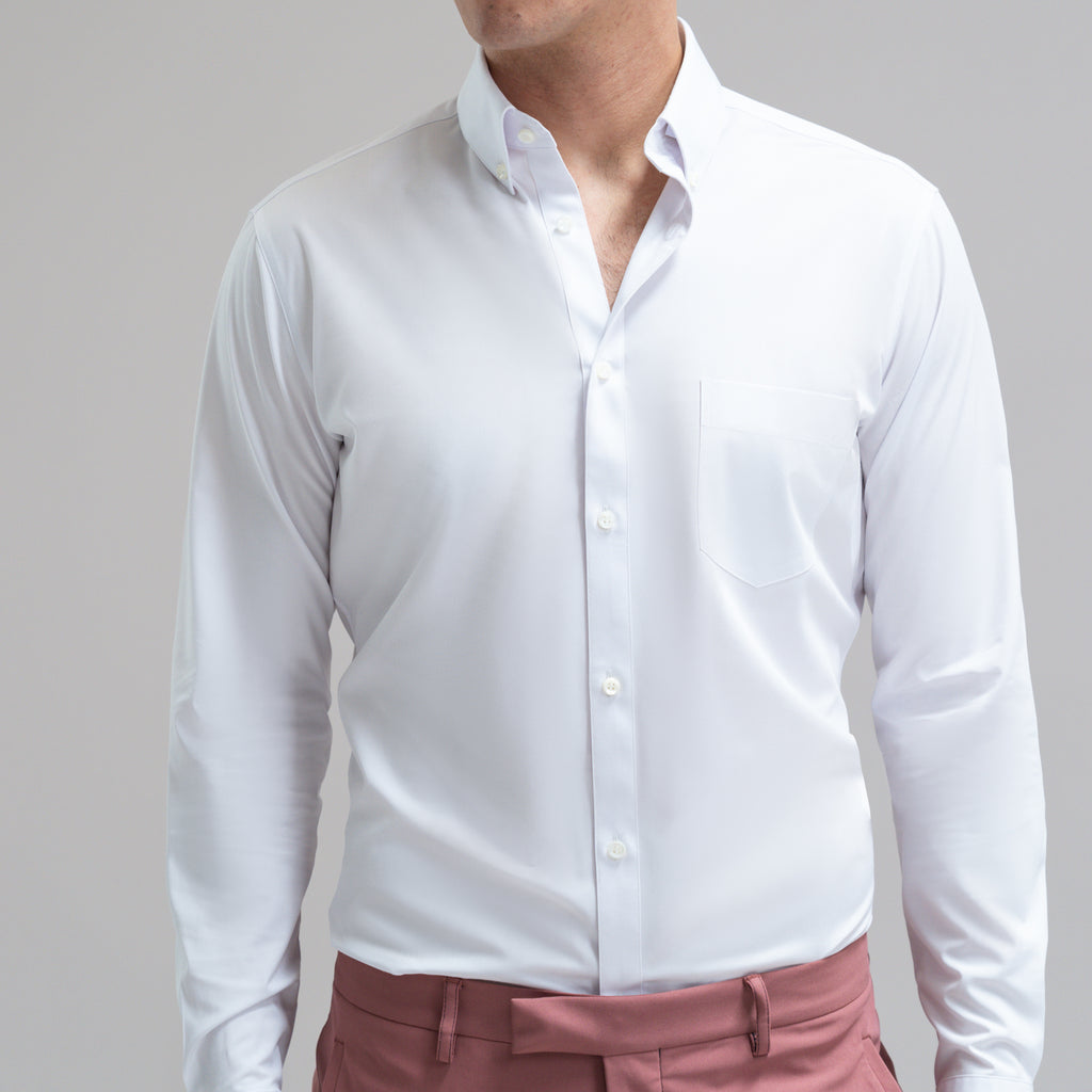 Custom Bespoke Tailored Mercer Shirt model Jesse in White BreezeTech