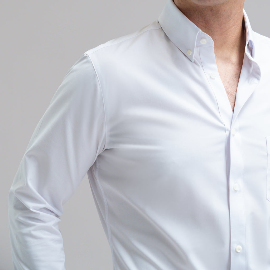 Custom Bespoke Tailored Mercer Shirt model Jesse in White BreezeTech