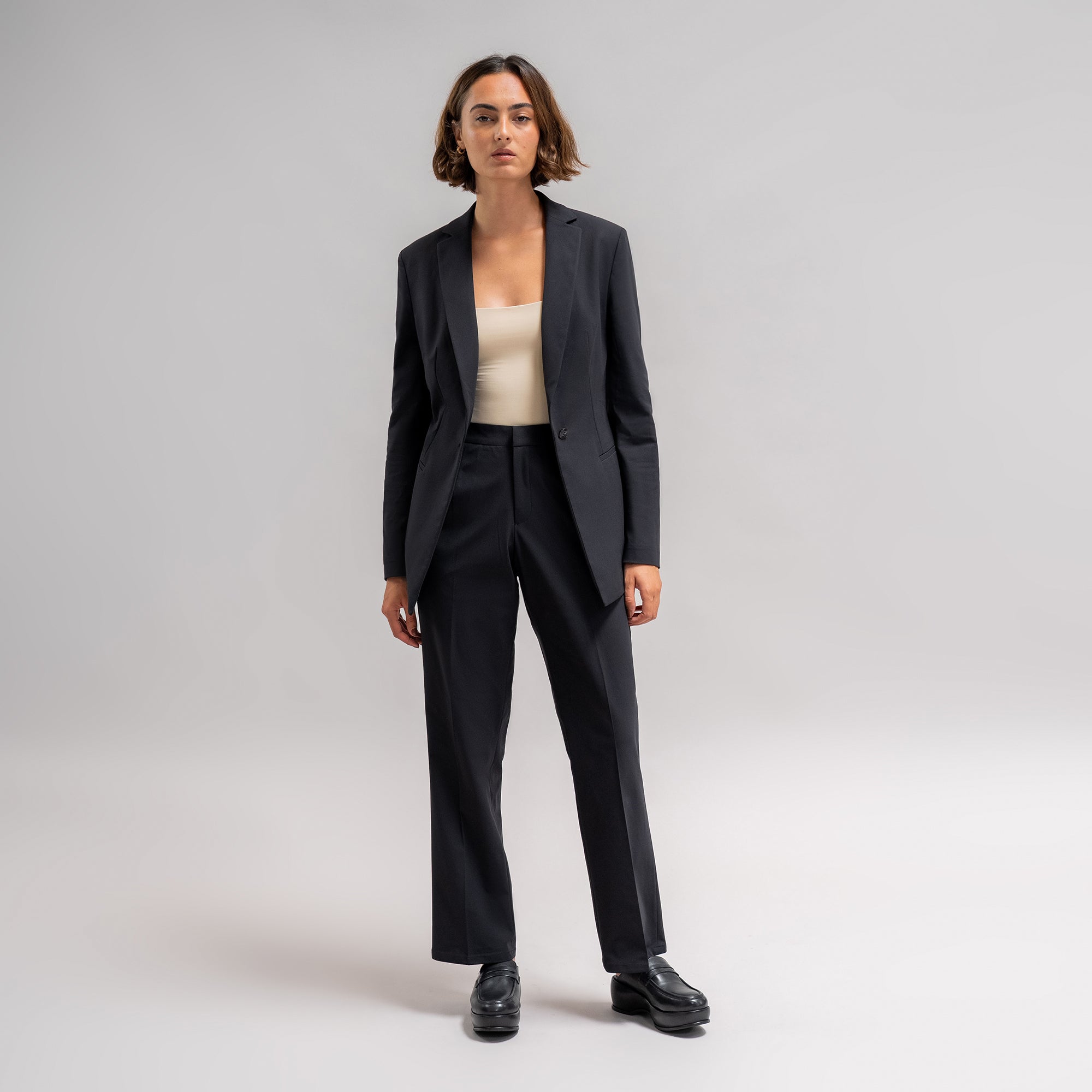 bespoke custom women's blazer pantsuit model Moe in Black