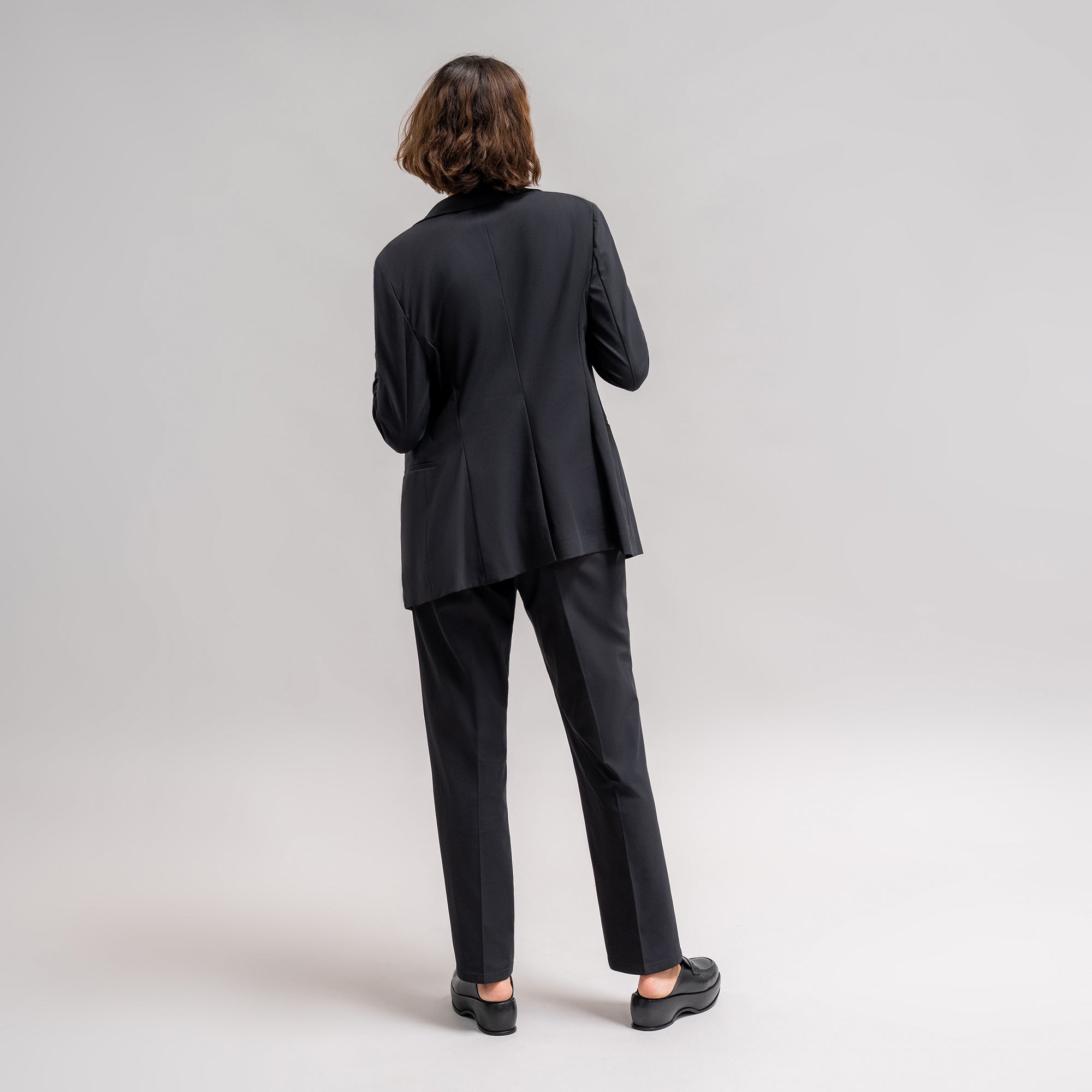 bespoke custom women's blazer pantsuit model Moe in Black