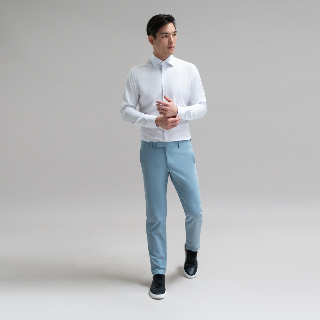 Custom Bespoke Tailored Spread Shirt model Jesse in White BreezeTech