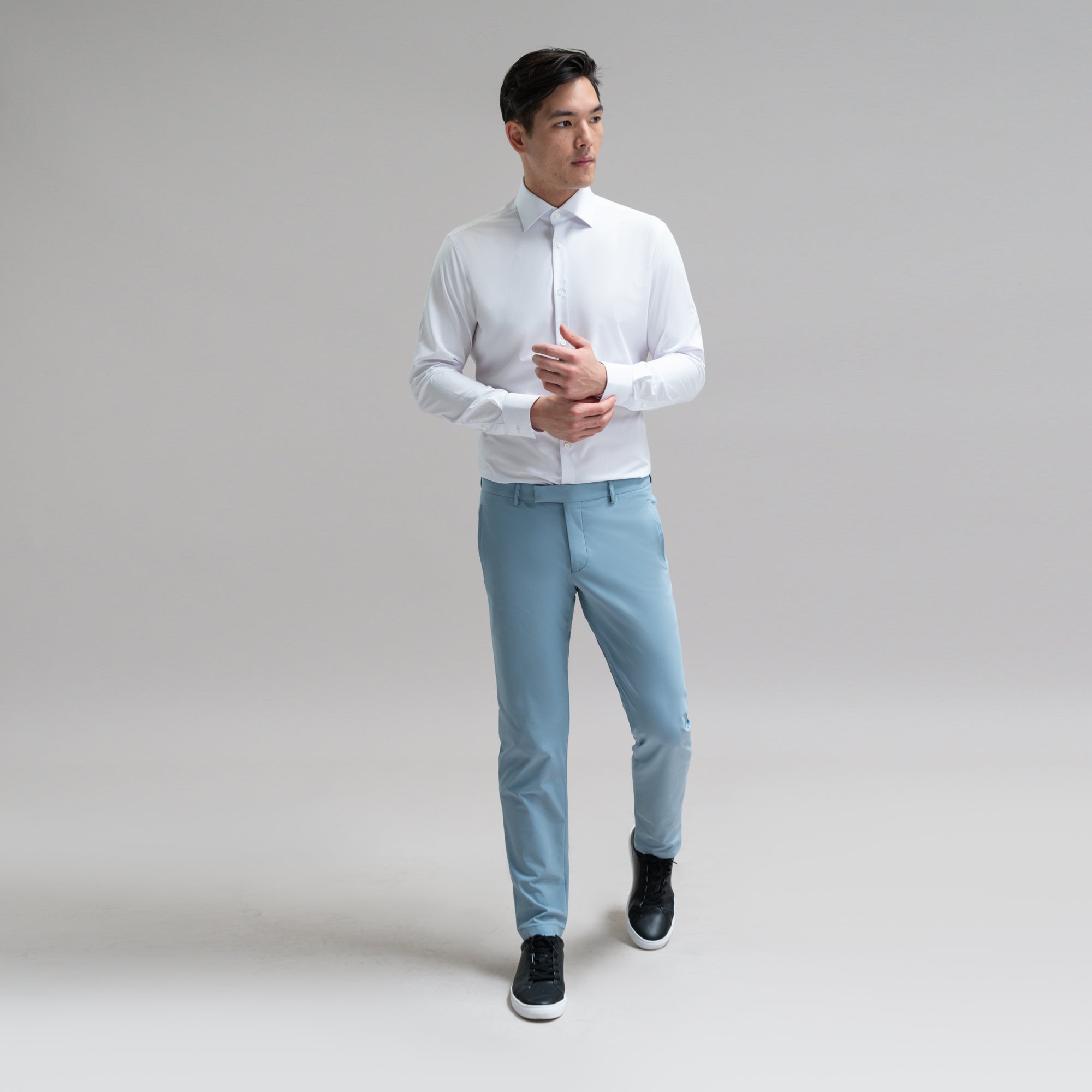Custom Bespoke Tailored Spread Shirt model Jesse in White BreezeTech