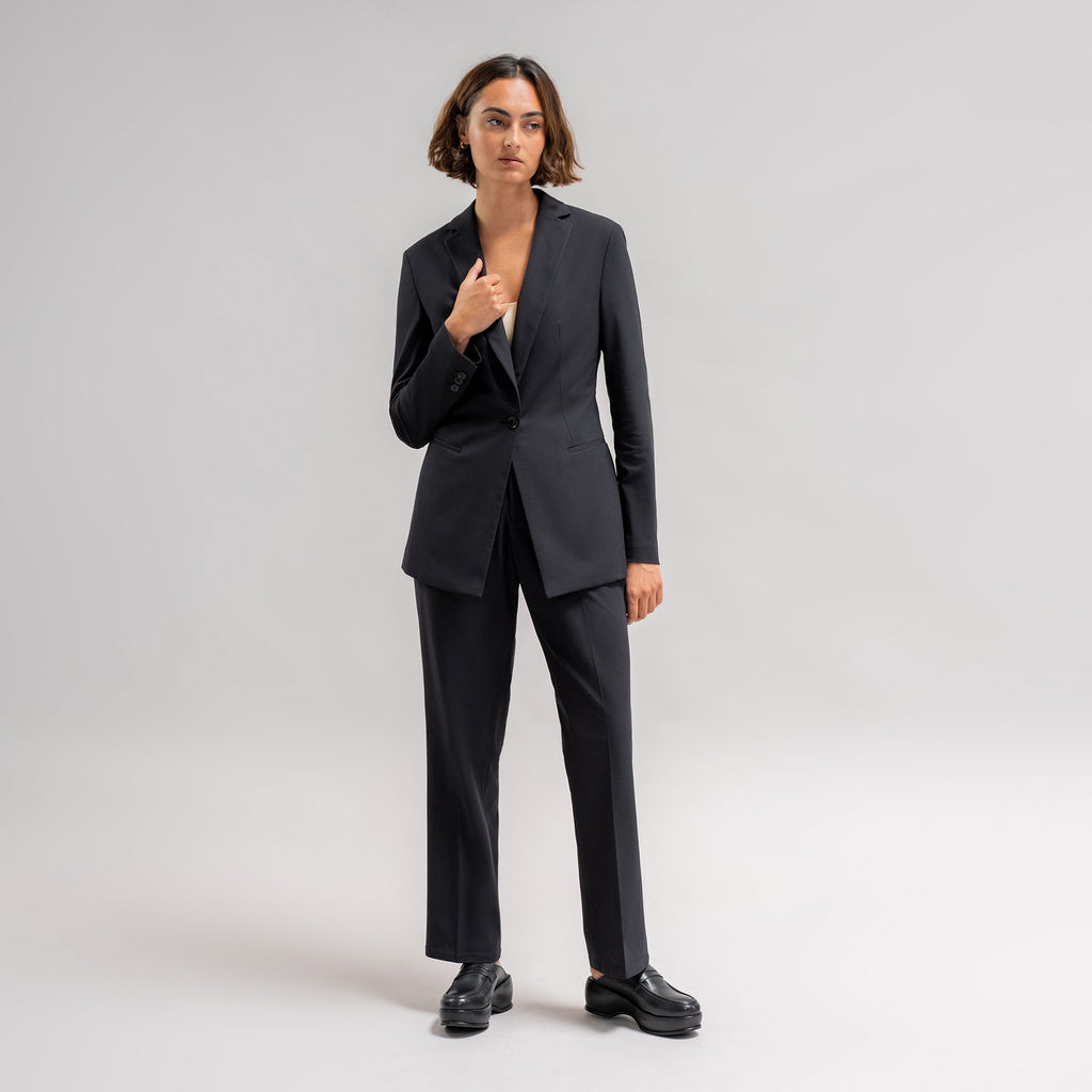 bespoke custom women's blazer pantsuit model Moe in Black