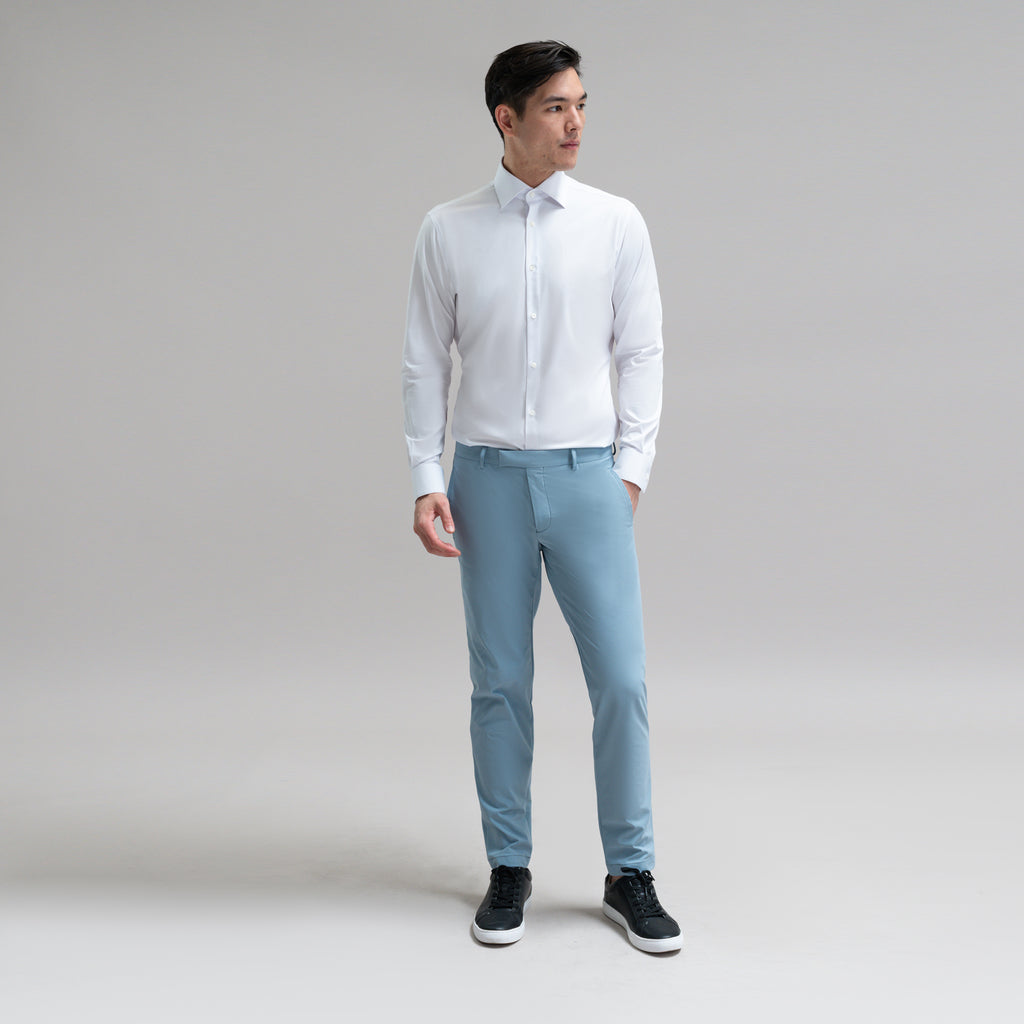 Custom Bespoke Tailored Spread Shirt model Jesse in White BreezeTech