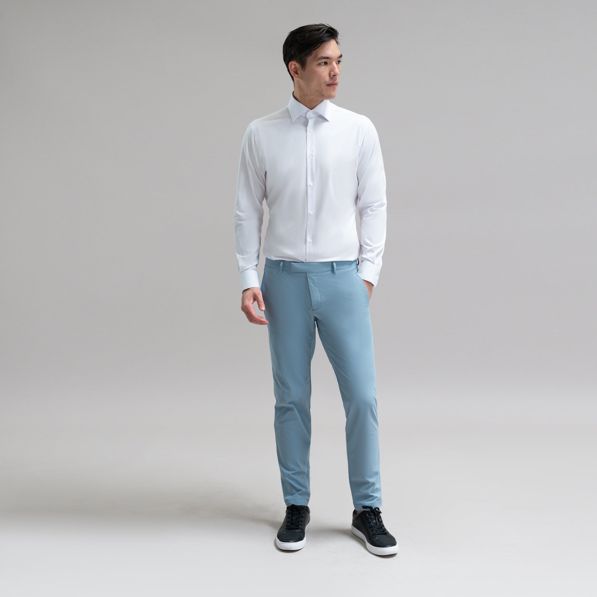 Custom Bespoke Tailored Spread Shirt model Jesse in White BreezeTech