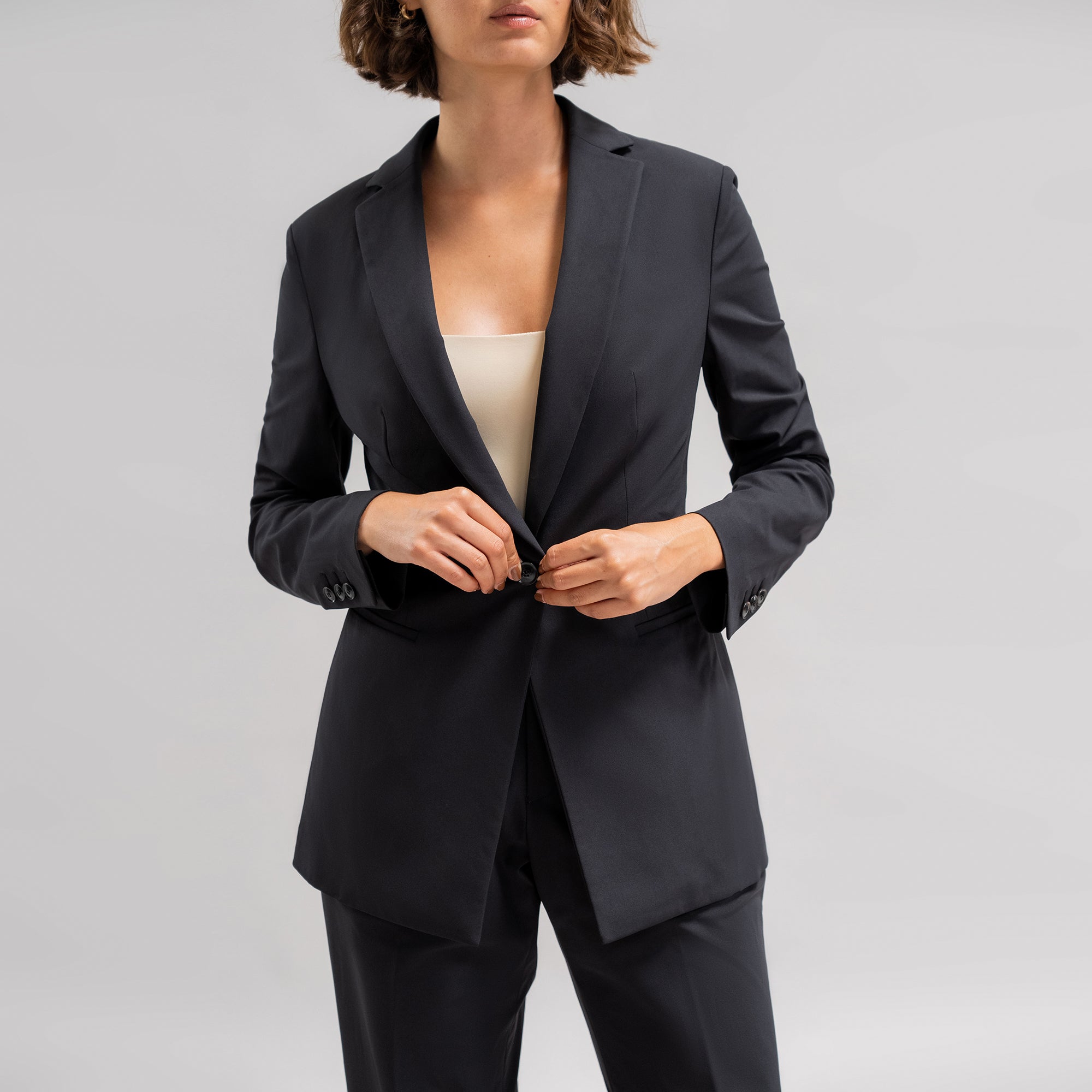 bespoke custom women's blazer pantsuit model Moe in Black