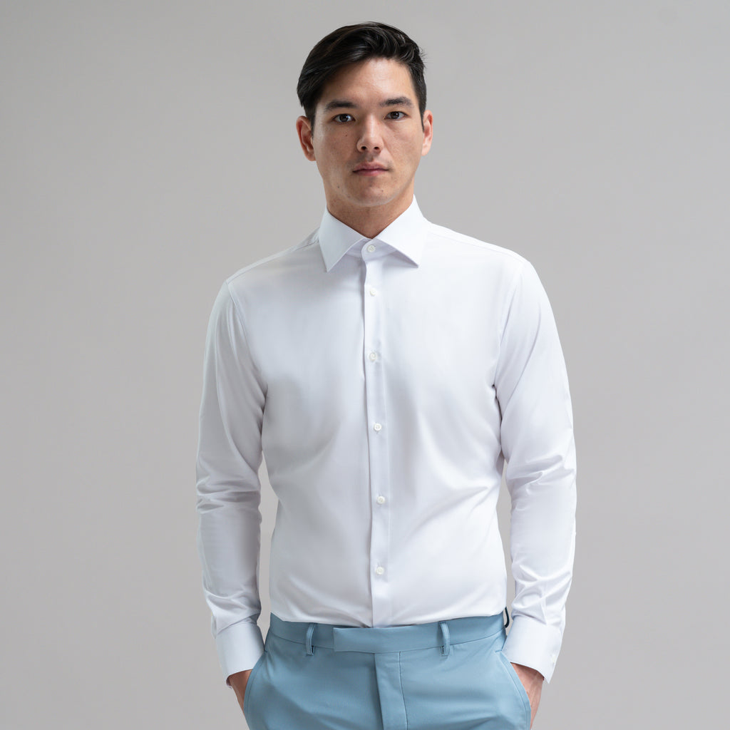 Custom Bespoke Tailored Spread Shirt model Jesse in White BreezeTech