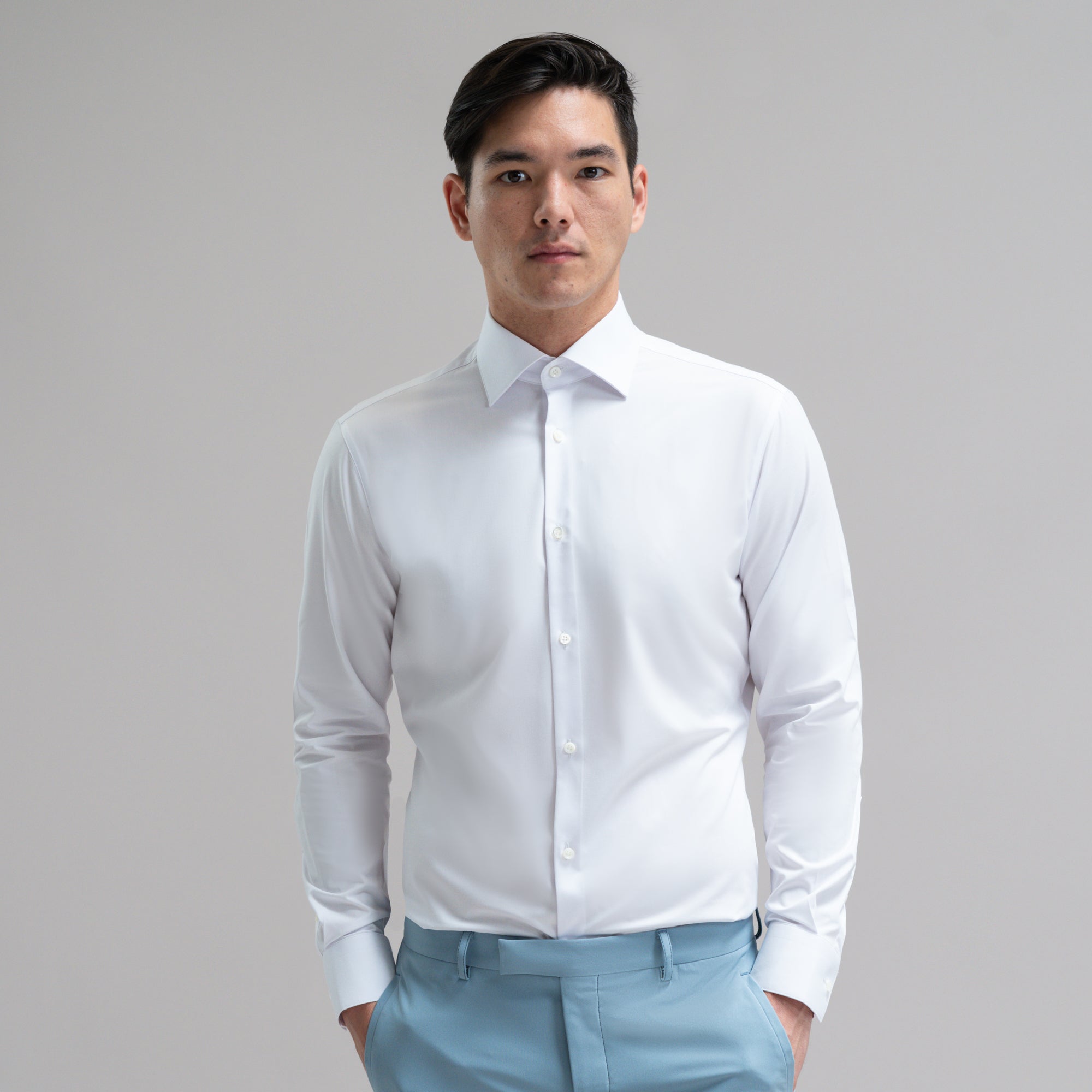 Custom Bespoke Tailored Spread Shirt model Jesse in White BreezeTech