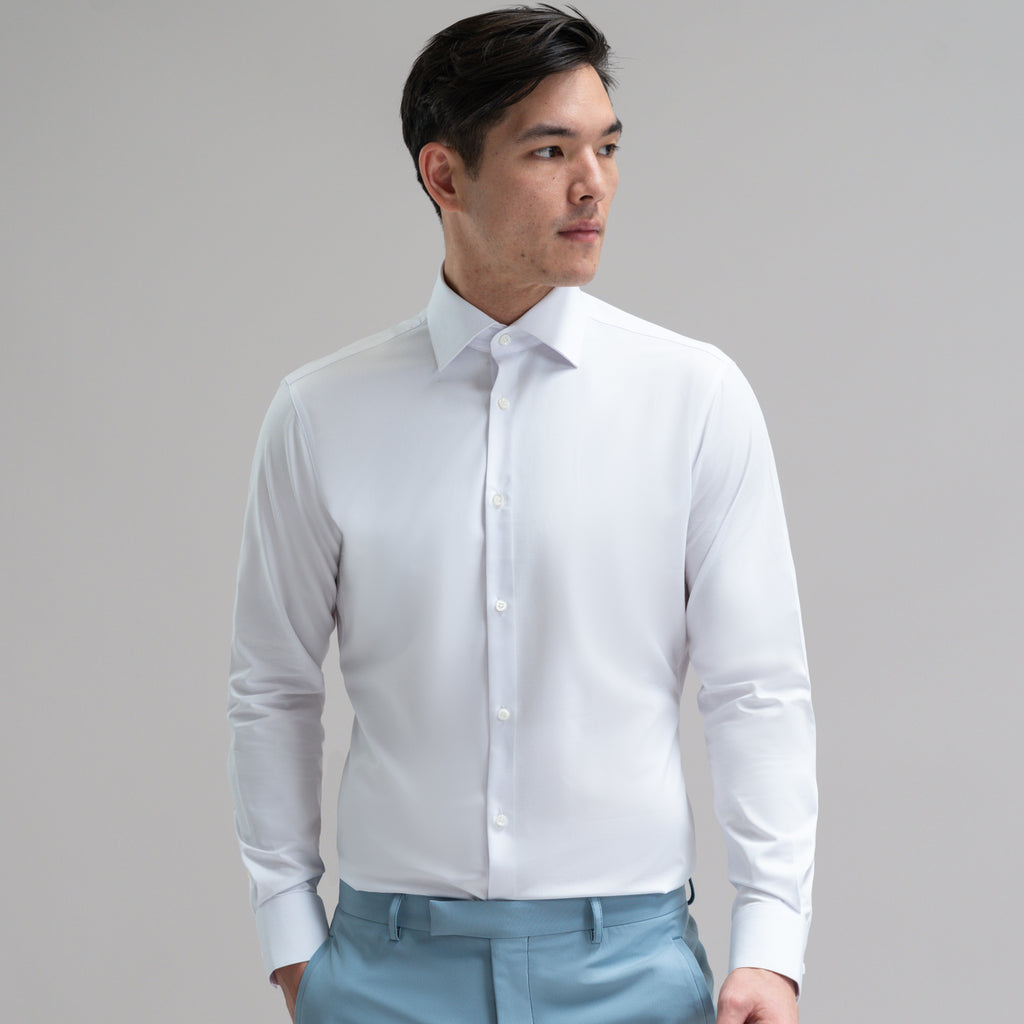 Custom Bespoke Tailored Spread Shirt model Jesse in White BreezeTech