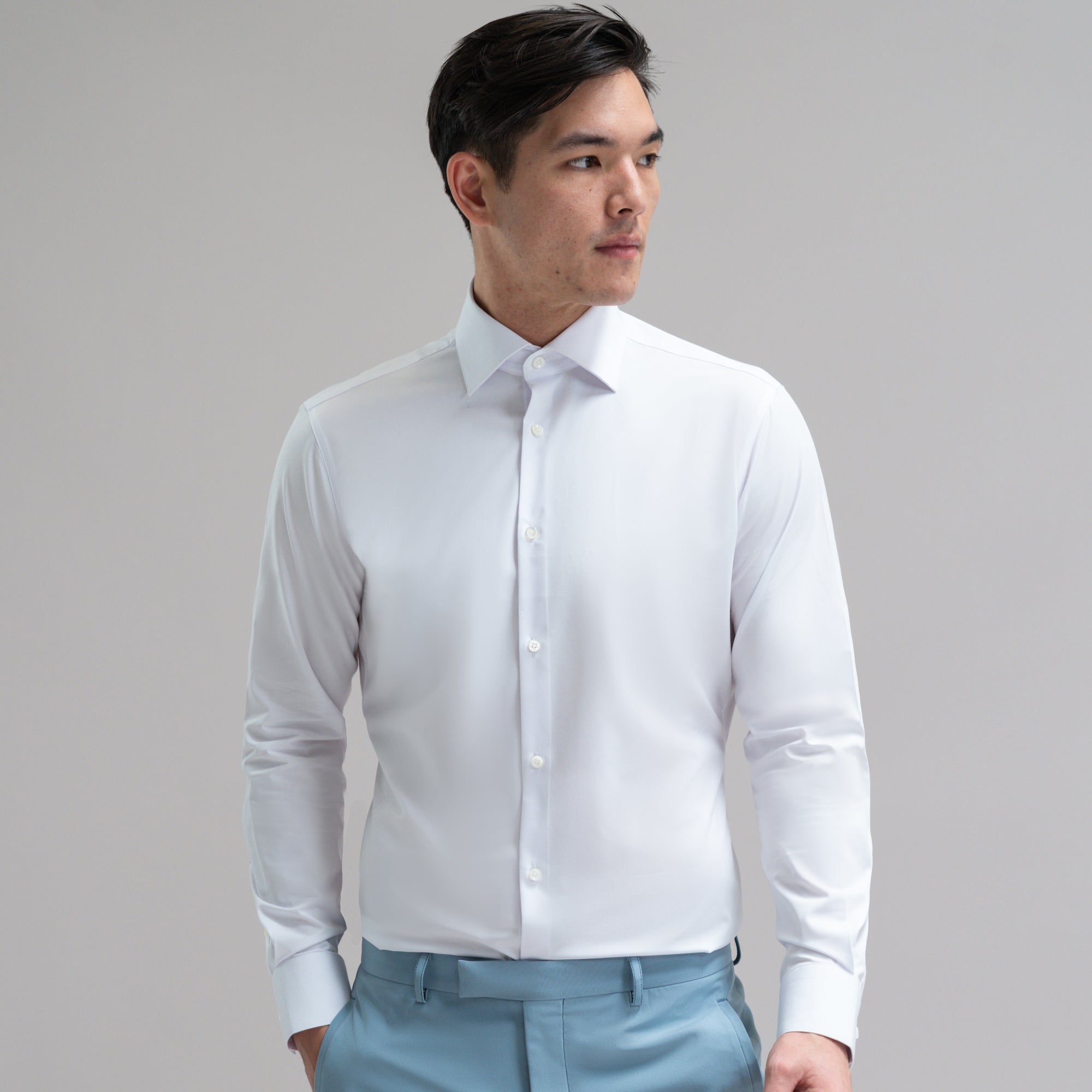 Custom Bespoke Tailored Spread Shirt model Jesse in White BreezeTech