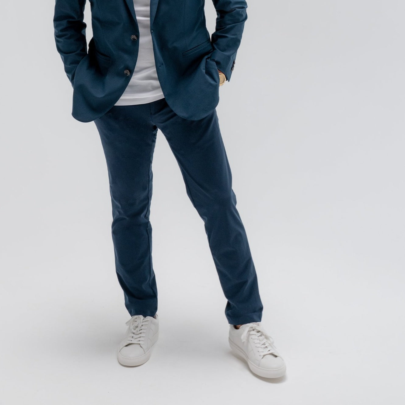 bespoke custom trousers pant chino performance technical model Guillermo in Nautical Blue