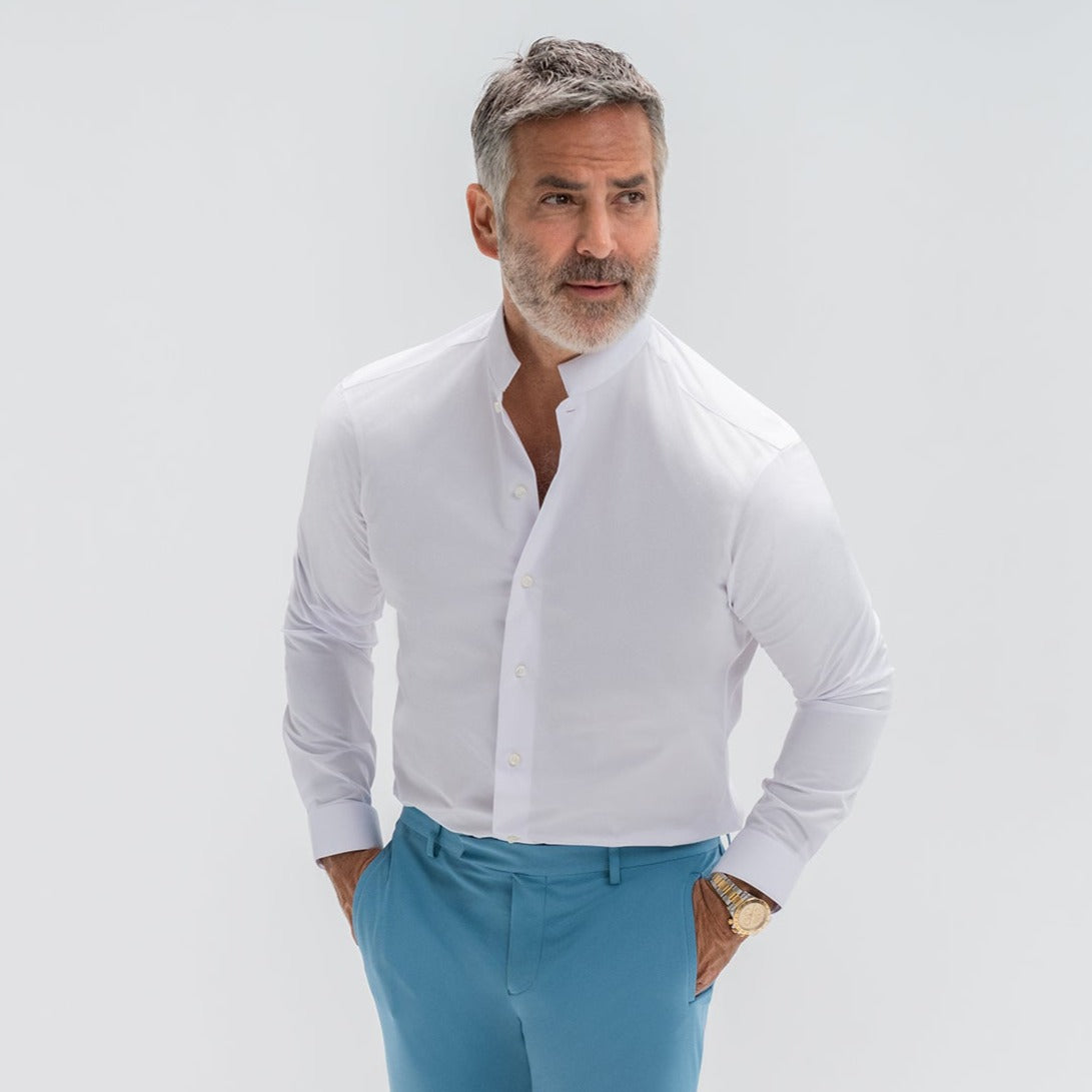 Bespoke Custom Dorsey Shirt model Guillermo in White BreezeTech 