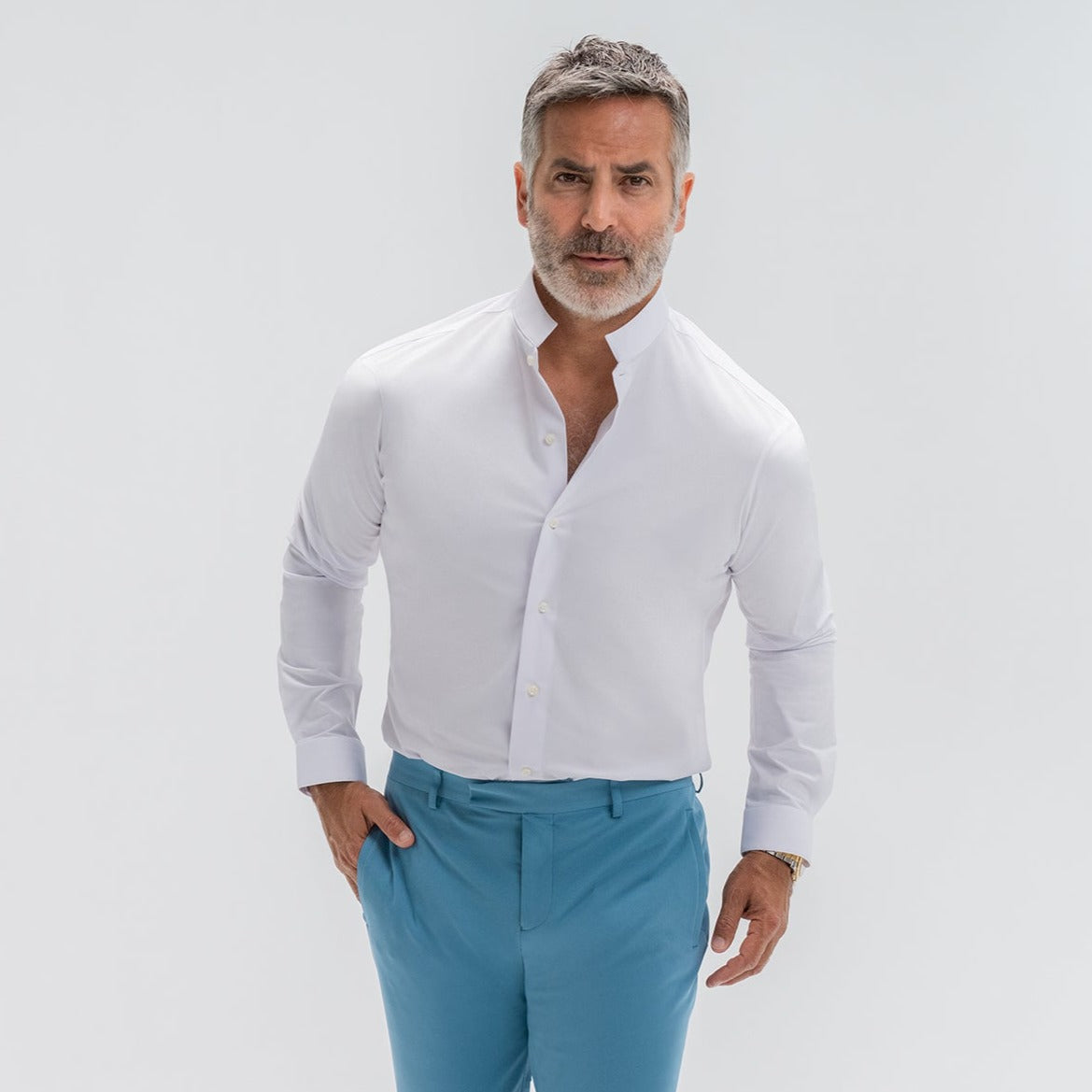 Bespoke Custom Dorsey Shirt model Guillermo in White BreezeTech