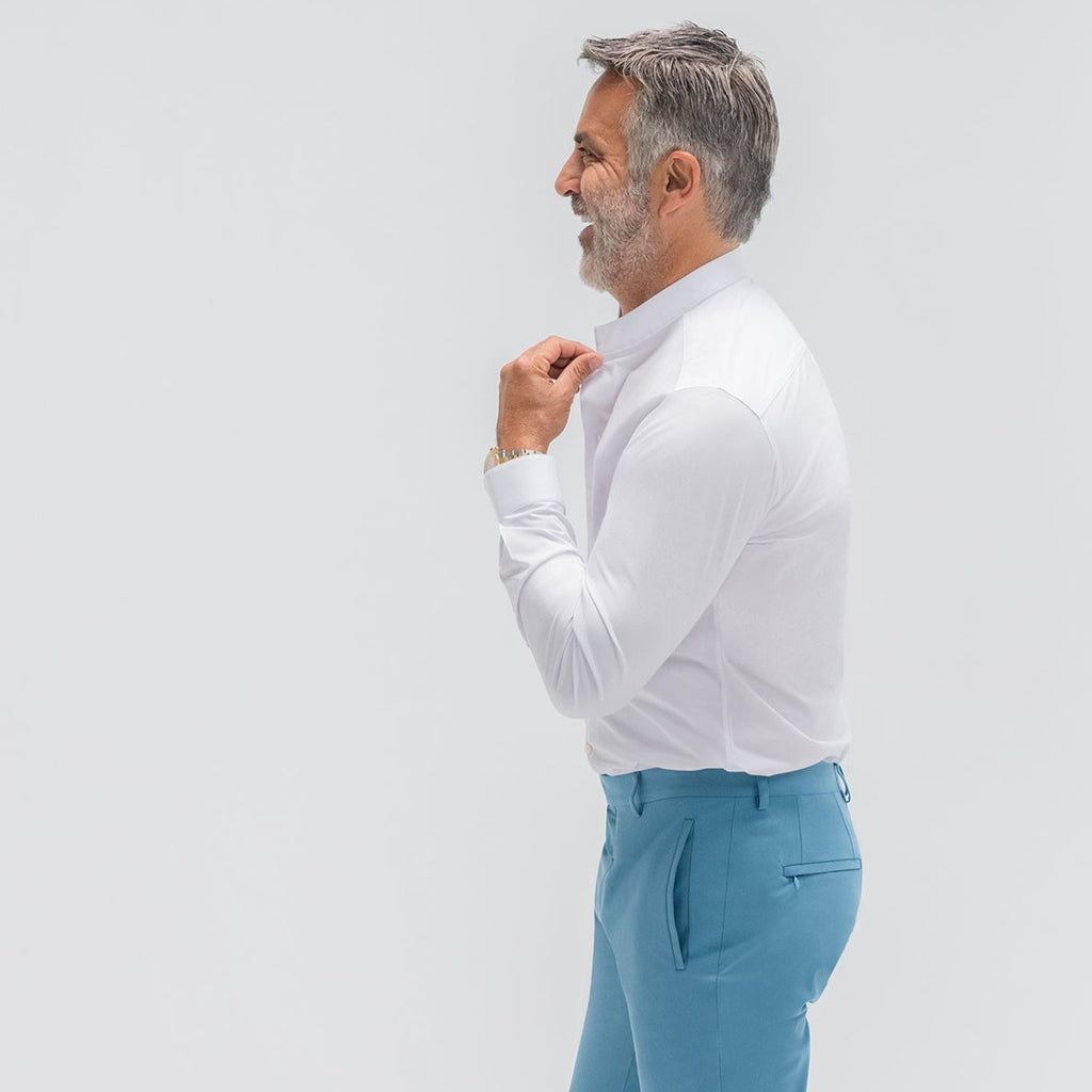 Bespoke Custom Dorsey Shirt model Guillermo in White BreezeTech 