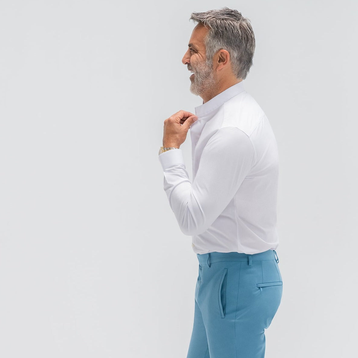 Bespoke Custom Dorsey Shirt model Guillermo in White BreezeTech 