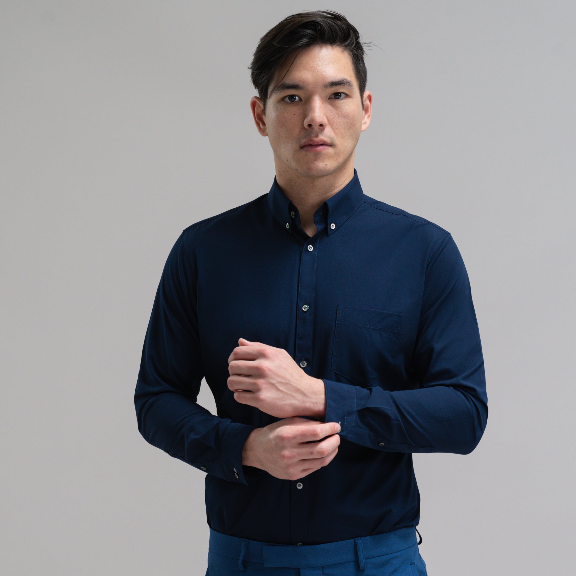 Custom Bespoke Tailored Mercer Shirt model Jesse in Navy BreezeTech