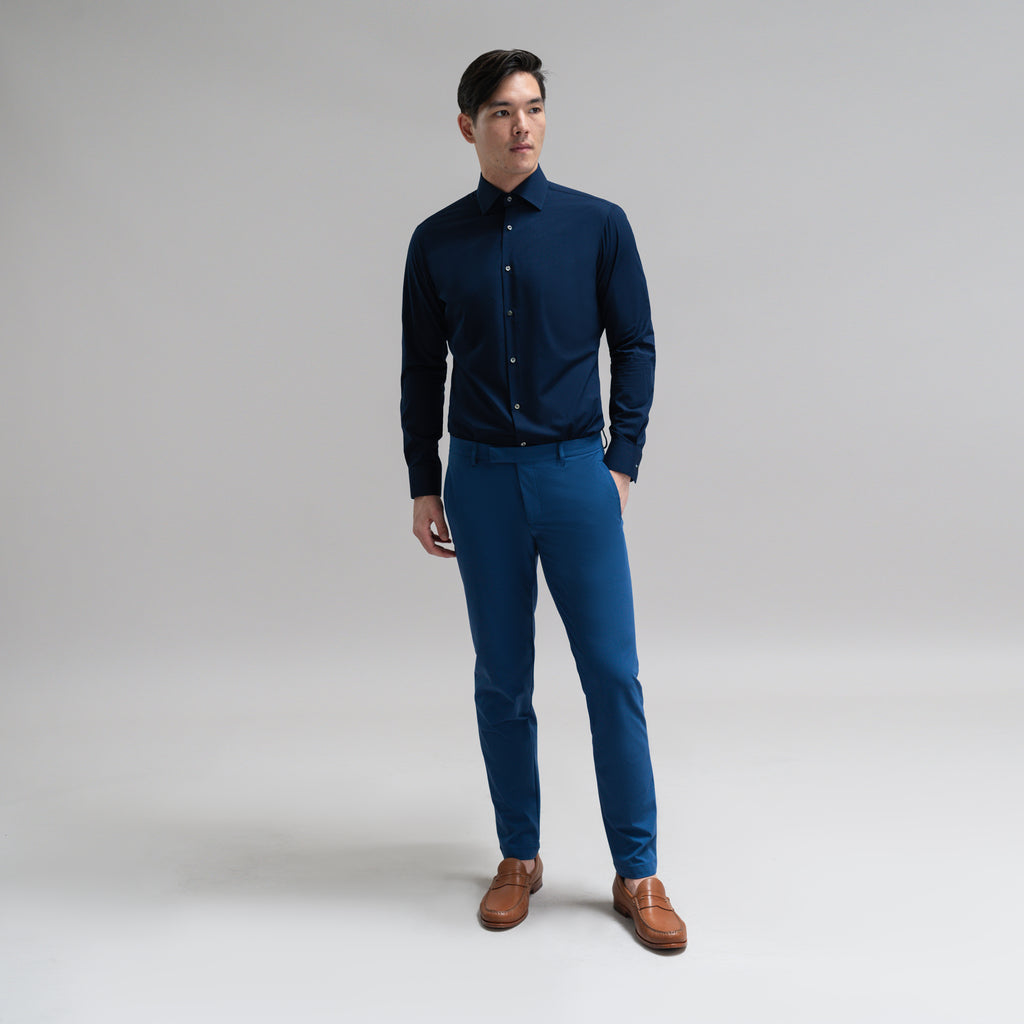 Custom Bespoke Tailored Spread Shirt model Jesse in Navy BreezeTech