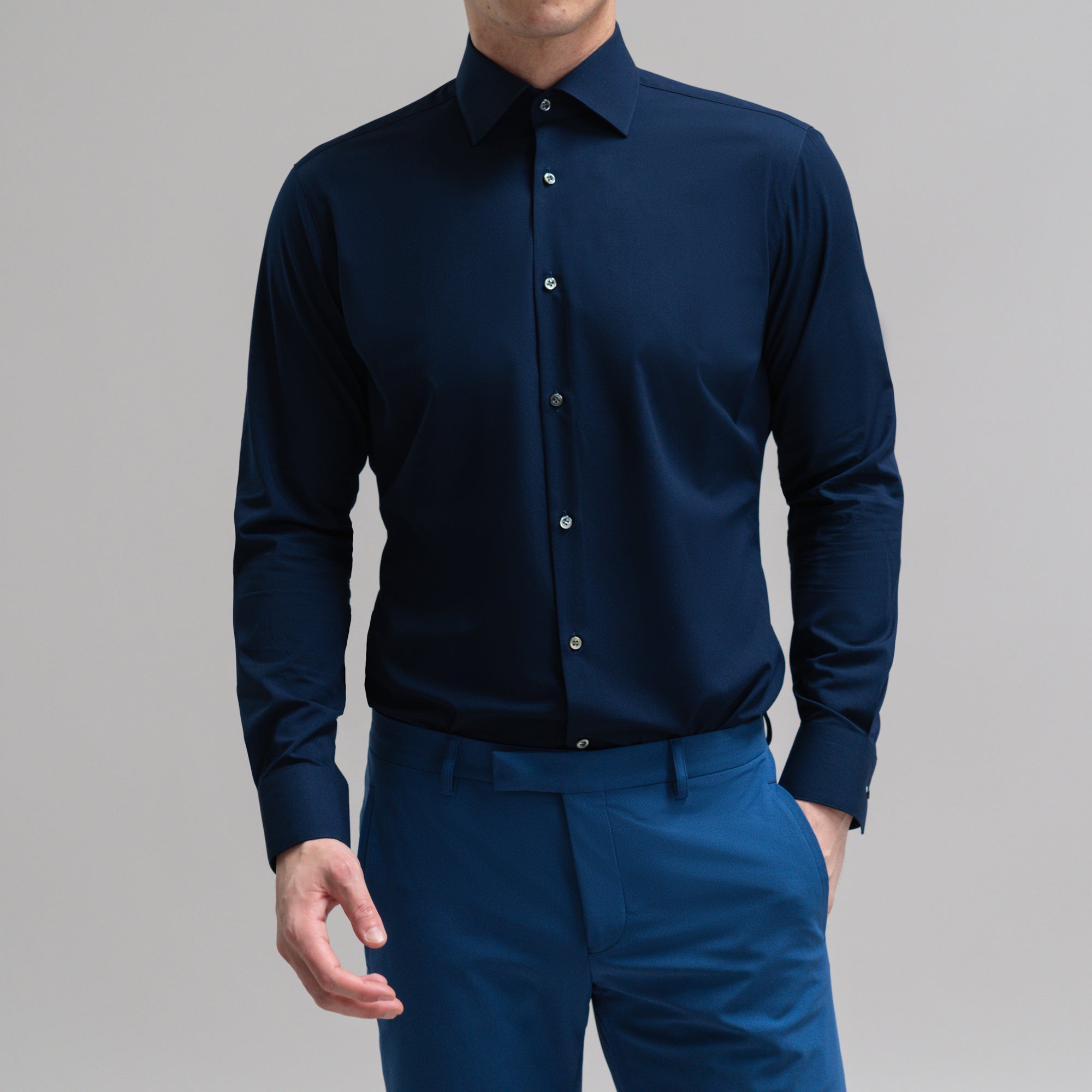 Custom Bespoke Tailored Spread Shirt model Jesse in Navy BreezeTech