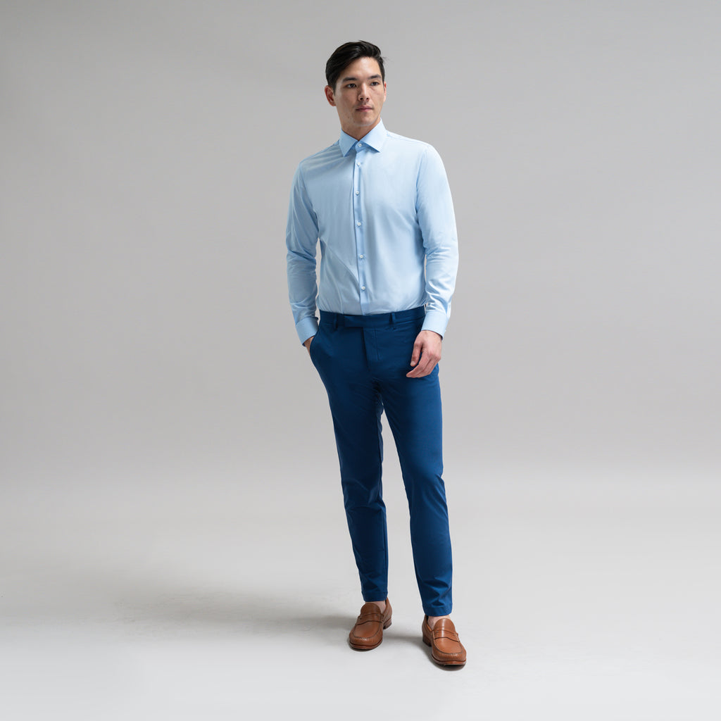 Custom Bespoke Tailored Spread Shirt model Jesse in Light Blue BreezeTech